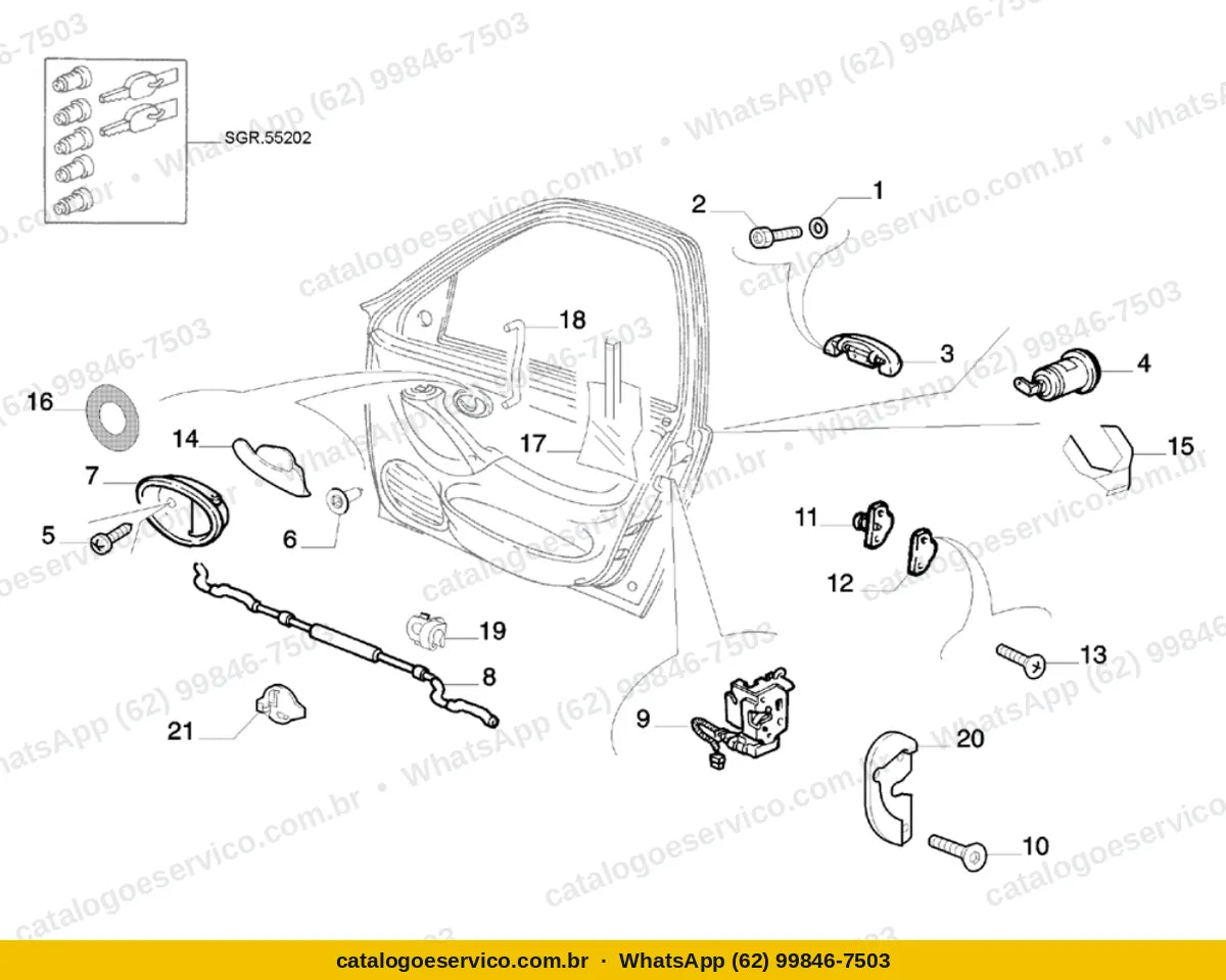 Vista explodida do Catálogo de Peças Fiat Palio: Fechaduras das portas laterais dianteiras