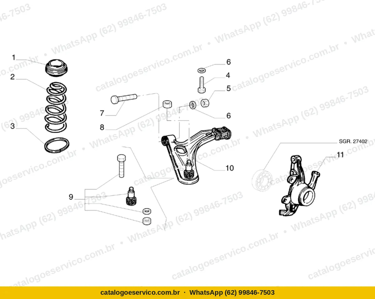 Vista explodida do Catálogo de Peças Fiat Siena: Suspensão dianteira