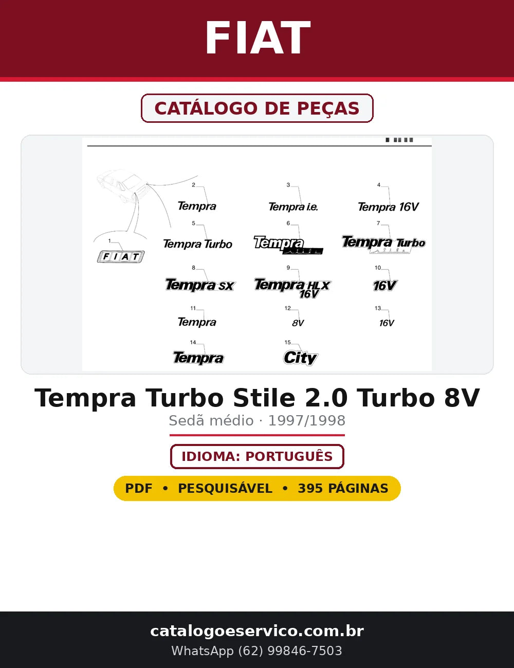 Capa do Catálogo de Peças Fiat Tempra Turbo Stile 2.0 Turbo 8V em PDF com 395 páginas