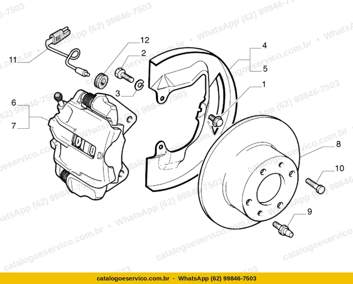 Vista explodida do Catálogo de Peças Fiat Uno 1.5R 8V: Freio dianteiro