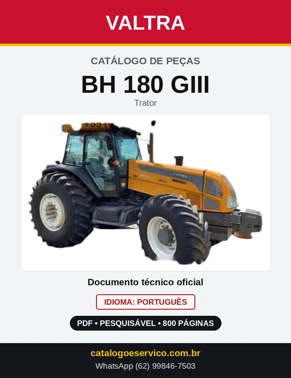 Capa do Catálogo de Peças Valtra BH 180 GIII — Trator