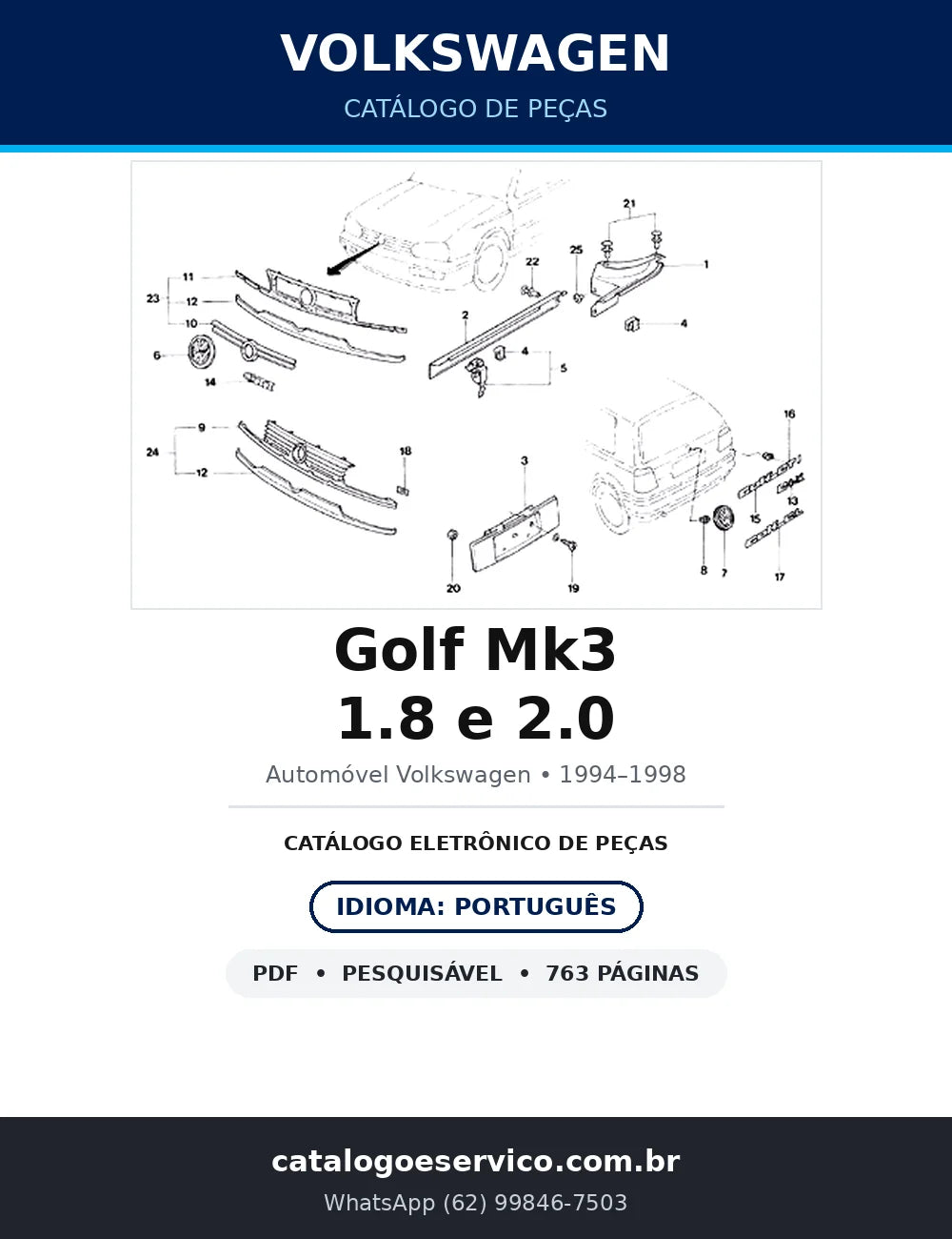 Catálogo de Peças Volkswagen Golf Mk3 1.8 e 2.0 (1994–1998) — 763 págs. — capa