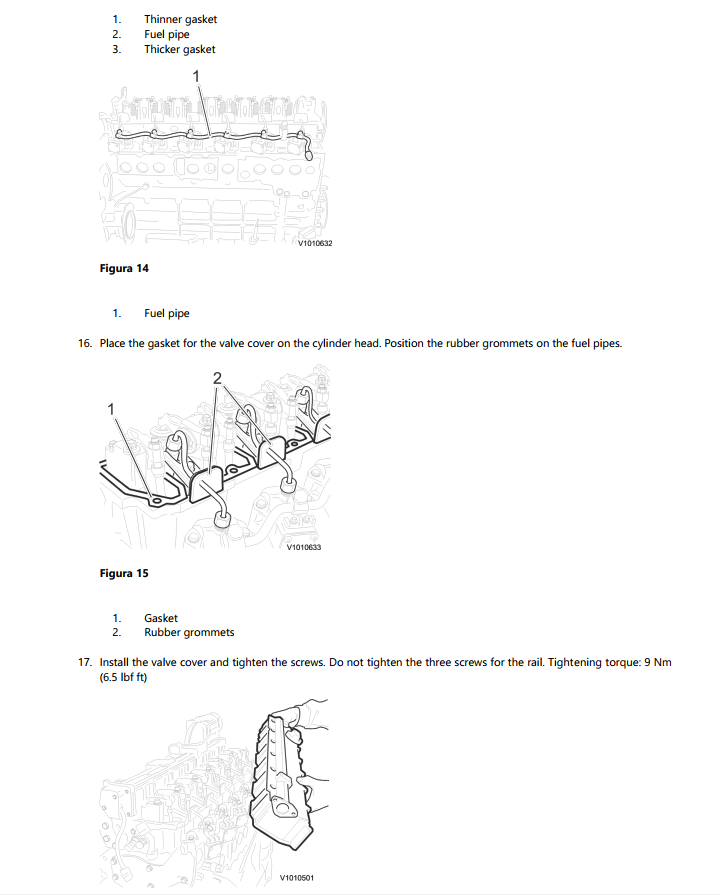 Manual de serviço Volvo EC210B LC - procedimento de instalação da tampa de válvulas no motor D6D com posicionamento das juntas (thinner e thicker gasket), rubber grommets nos tubos de combustível e torque de aperto de 9 N·m (6.5 lbf·ft)