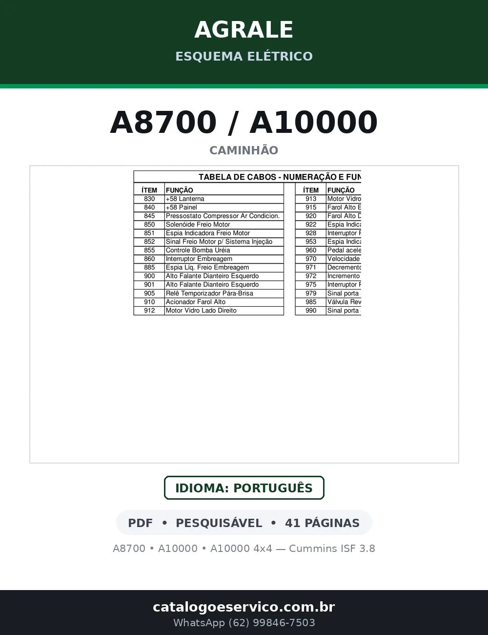 Capa do esquema elétrico Agrale A8700/A10000 em PDF — A8700, A10000, A10000 4x4 — Cummins ISF 3.8