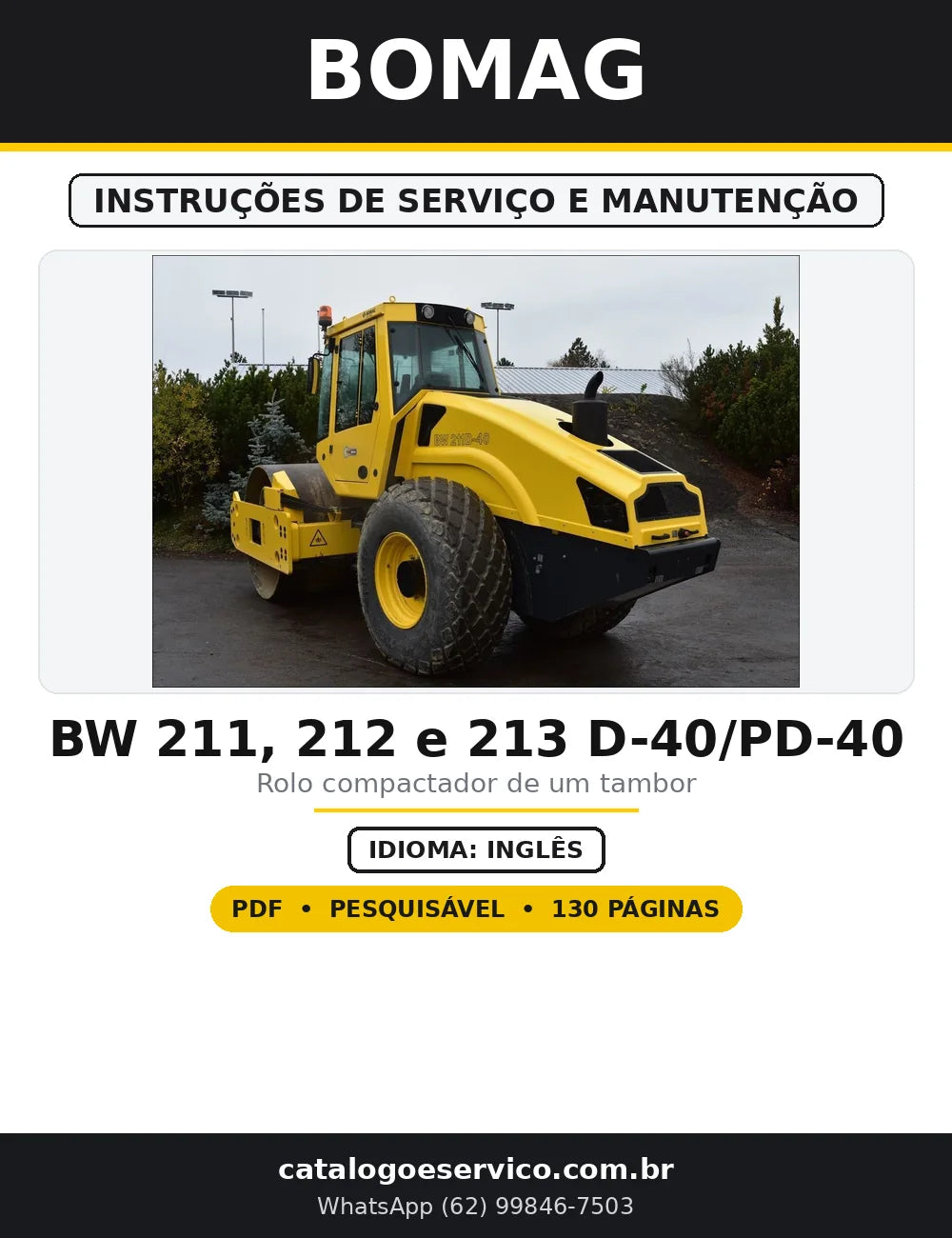 Capa do Instruções de Serviço e Manutenção BOMAG BW 211, 212 e 213 D-40/PD-40 em PDF com 130 páginas