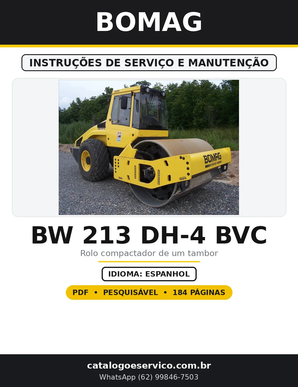 Capa do Instruções de Serviço e Manutenção BOMAG BW 213 DH-4 BVC em PDF com 184 páginas