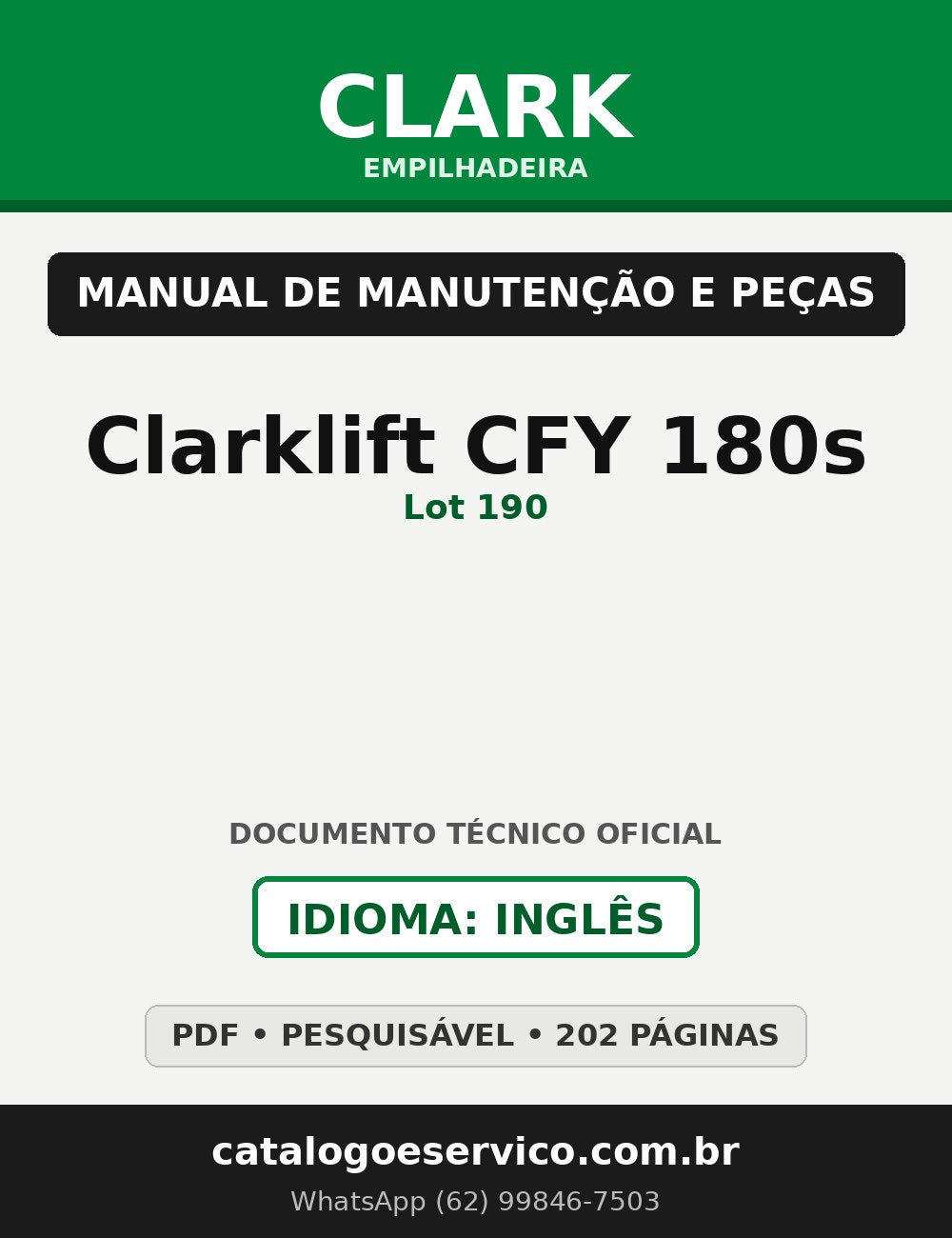 Manual de Manutenção e Peças Empilhadeira Clark Clarklift CFY 180s (Lot 190)
