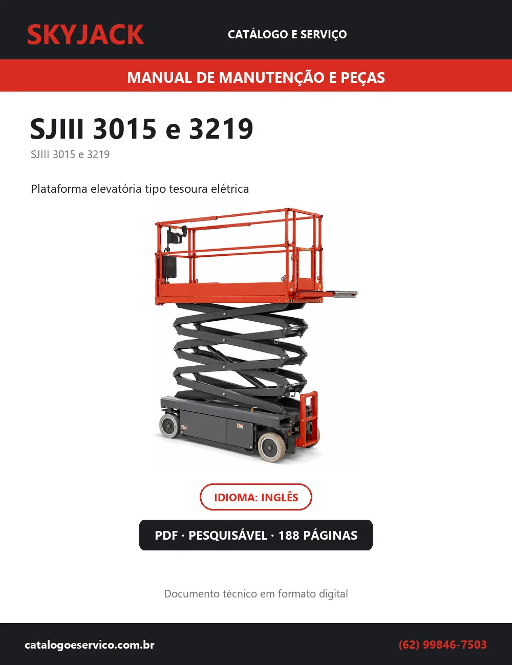 Capa do Manual de Manutenção e Peças Skyjack SJIII 3015 e 3219 — plataforma elevatória tipo tesoura elétrica, 188 páginas em PDF
