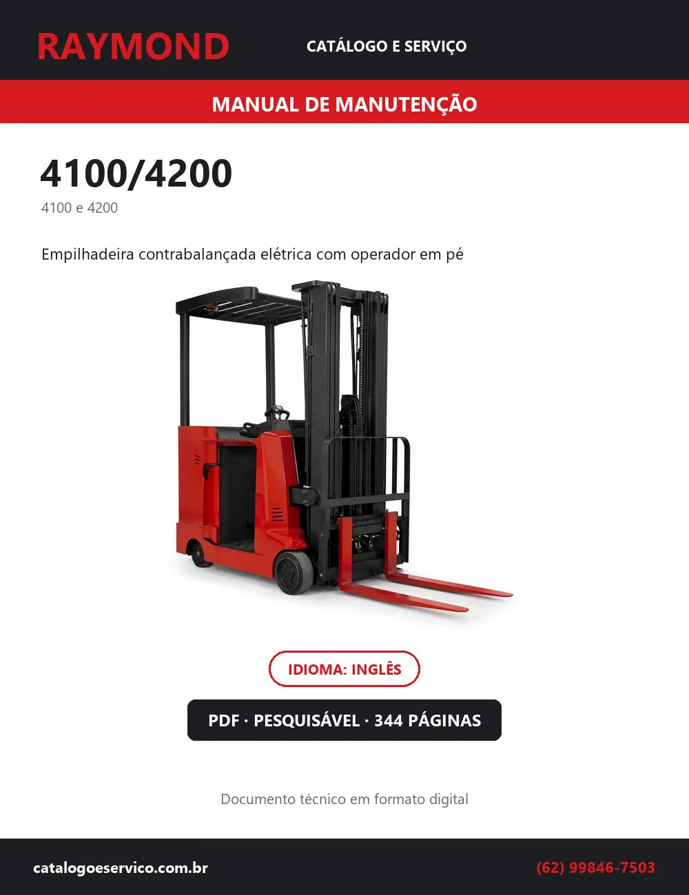 Capa do Manual de Manutenção Raymond 4100/4200 — empilhadeira contrabalançada elétrica com operador em pé, 344 páginas em PDF