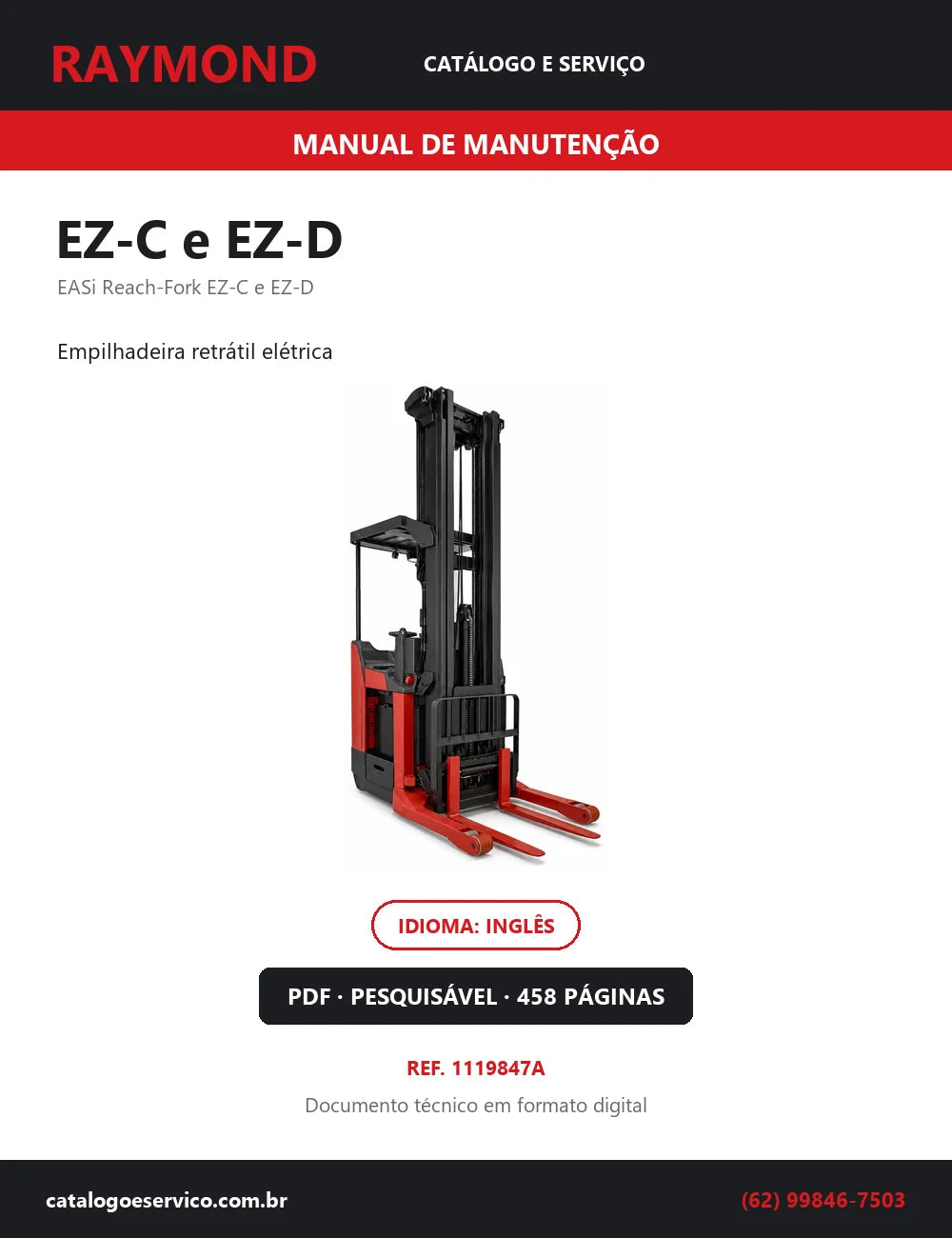 Capa do Manual de Manutenção Raymond EZ-C e EZ-D — empilhadeira retrátil elétrica, 458 páginas em PDF