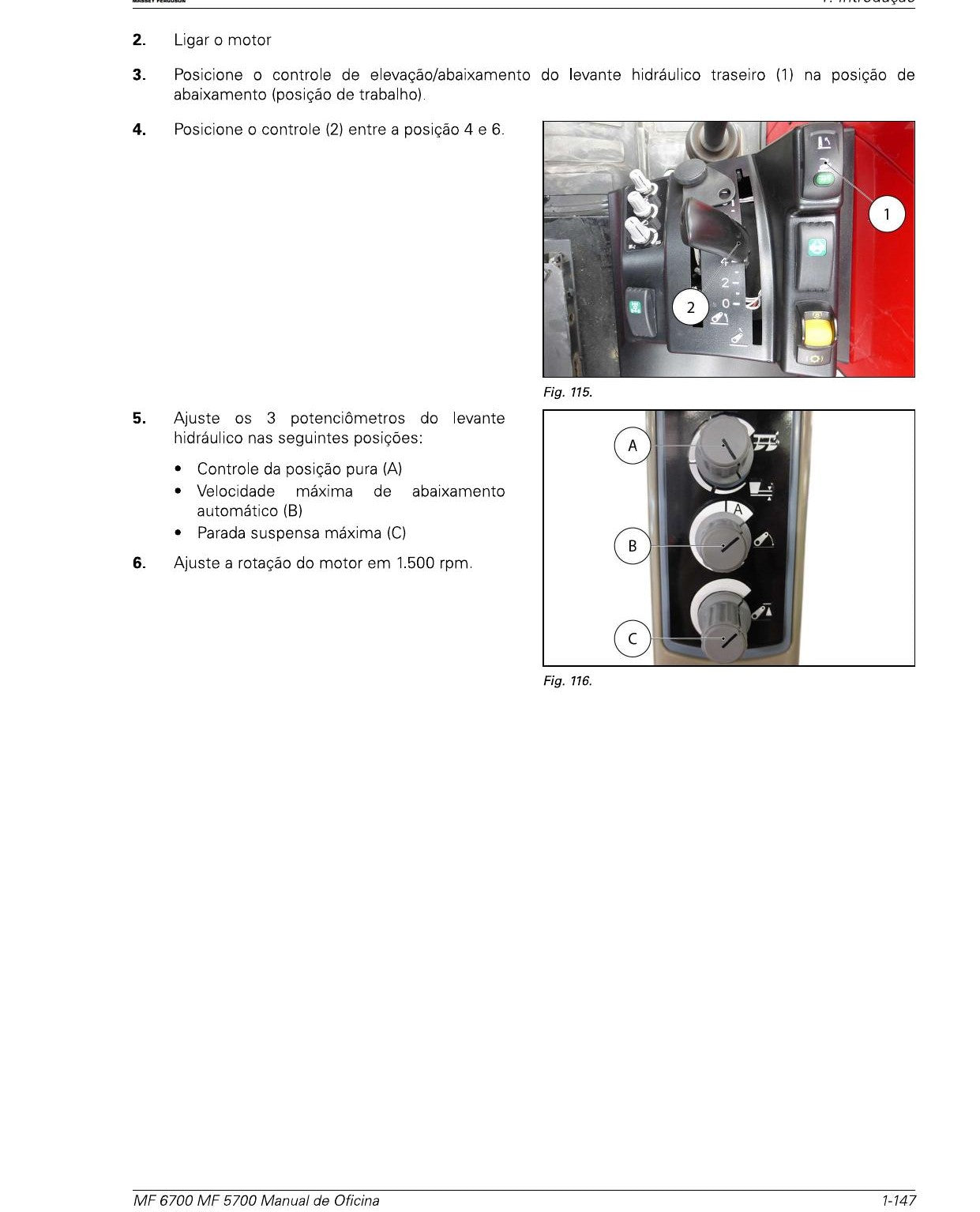 Comandos do levante hidráulico - Manual de Oficina MF 6700 MF 5700