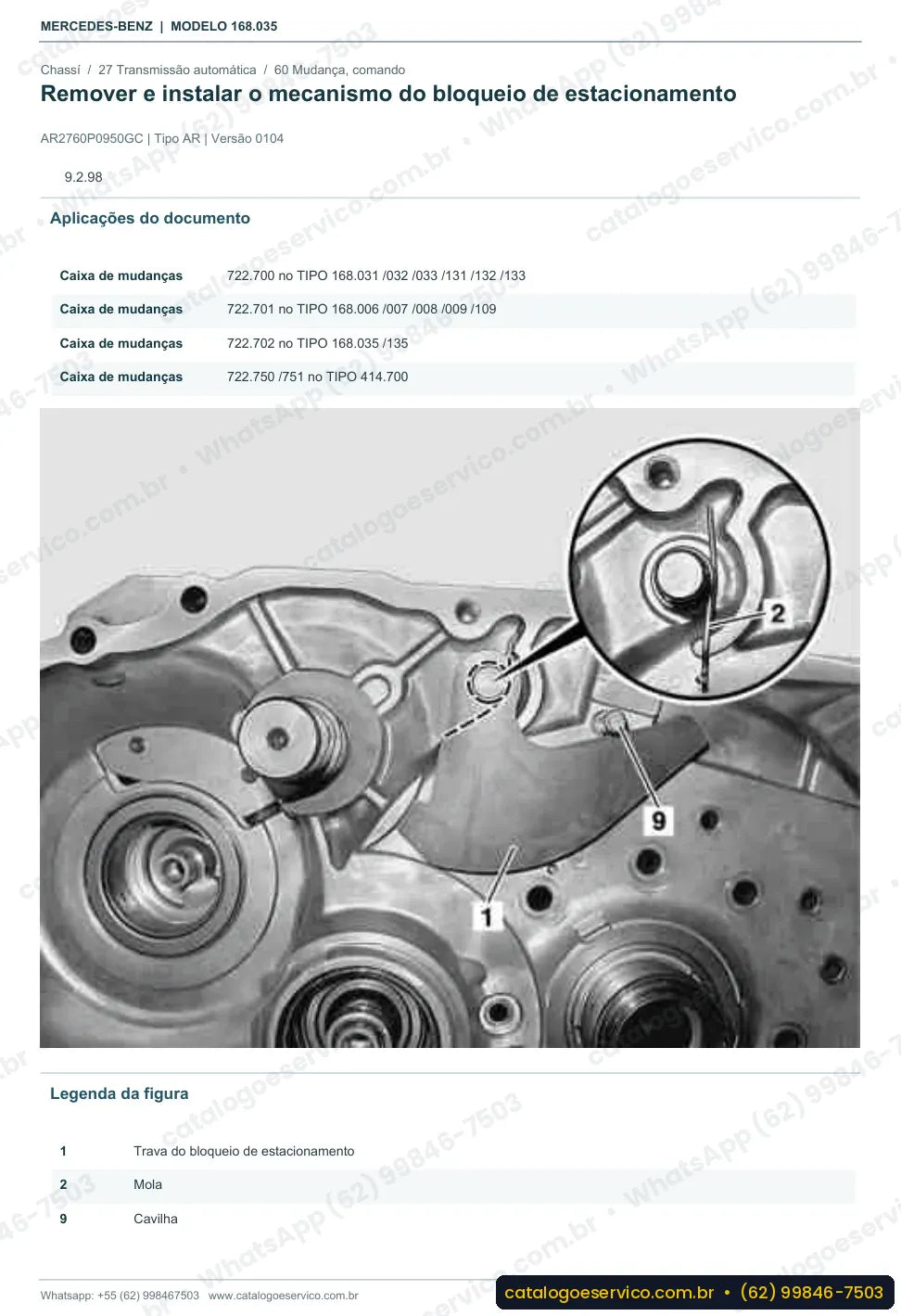 Página de procedimento do manual de oficina Mercedes-Benz A 210 (W168)