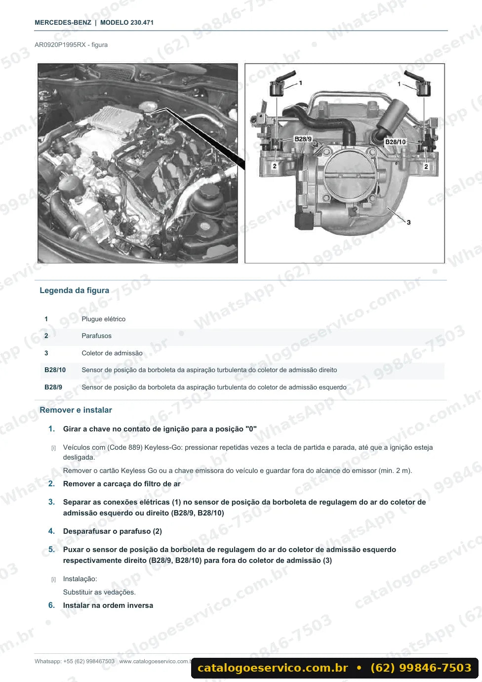 Página de procedimento do manual de oficina Mercedes-Benz SL 500 / SL 550 (R230)