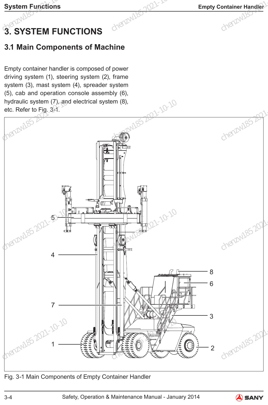 Ilustração do Manual de Operação e Manutenção Sany SDCY90 — Empilhadeira de contêineres vazios