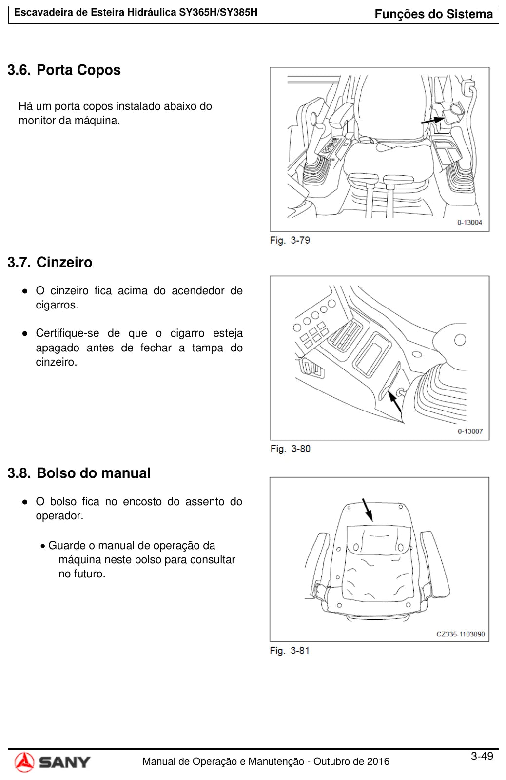 Ilustração do Manual de Operação e Manutenção Sany SY365H/SY385H — Escavadeira de esteiras