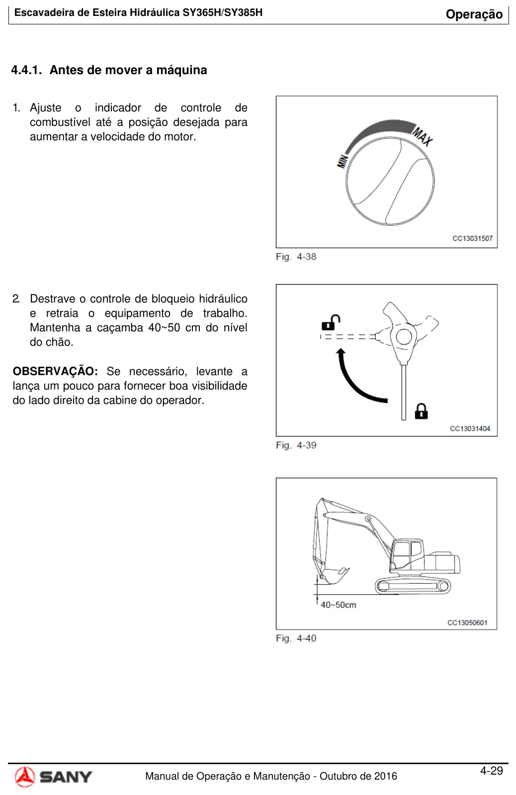 Página do Manual de Operação e Manutenção Sany SY365H/SY385H com orientações de manutenção