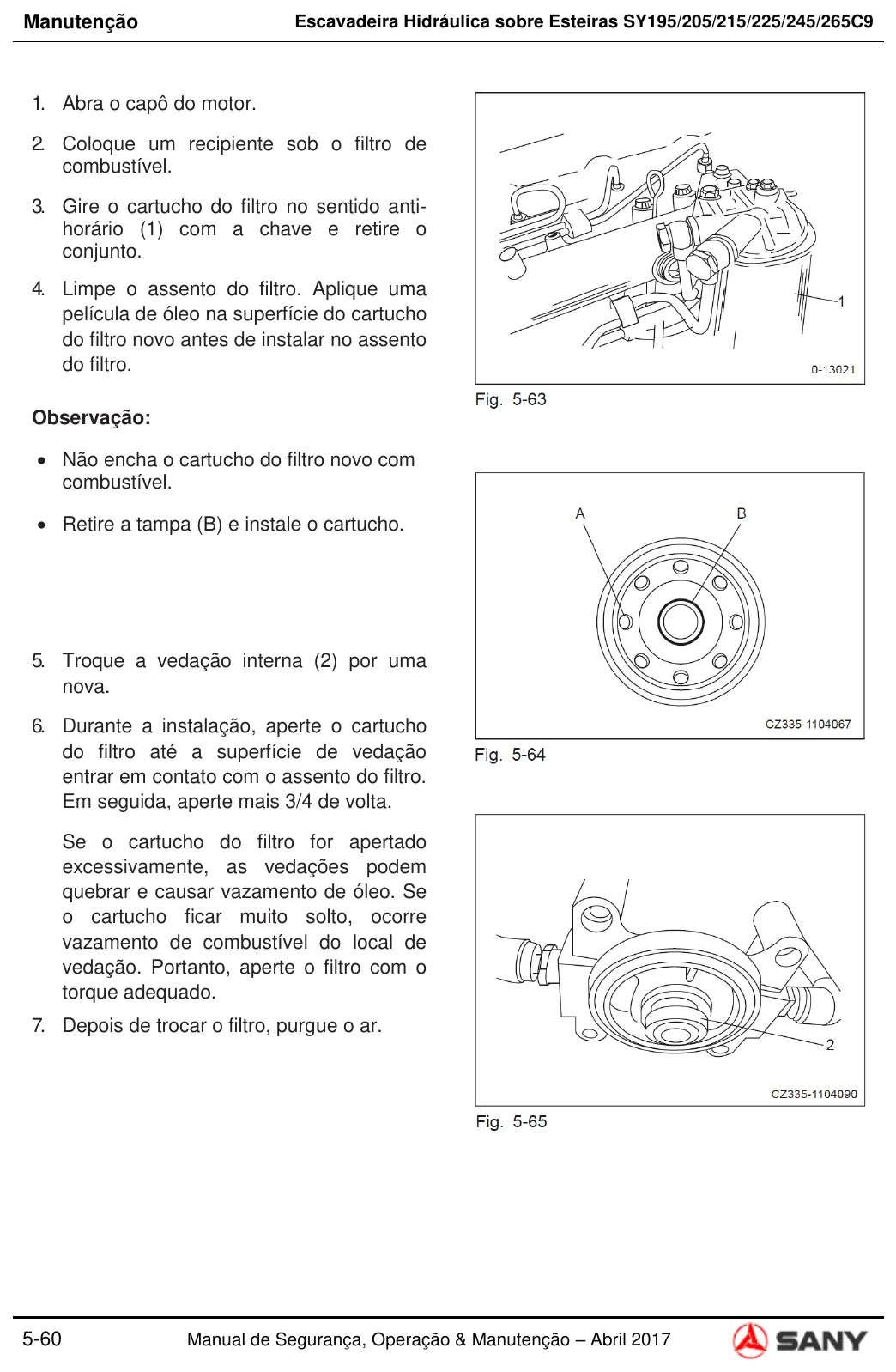 Página do Manual de Operação e Manutenção Sany SY195-265C9 com orientações de manutenção