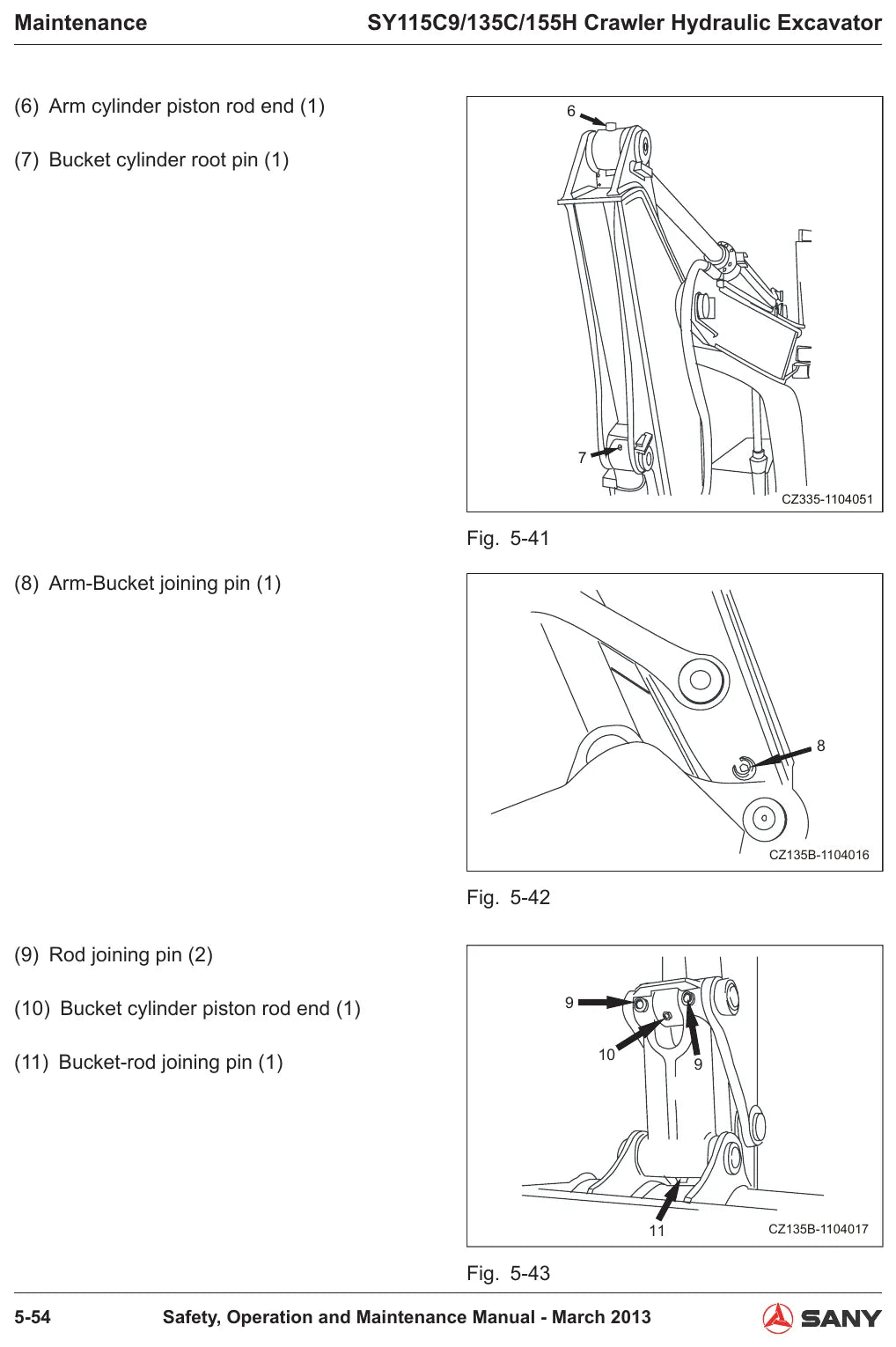 Ilustração do Manual de Operação e Manutenção Sany SY115/135/155 — Escavadeira de esteiras