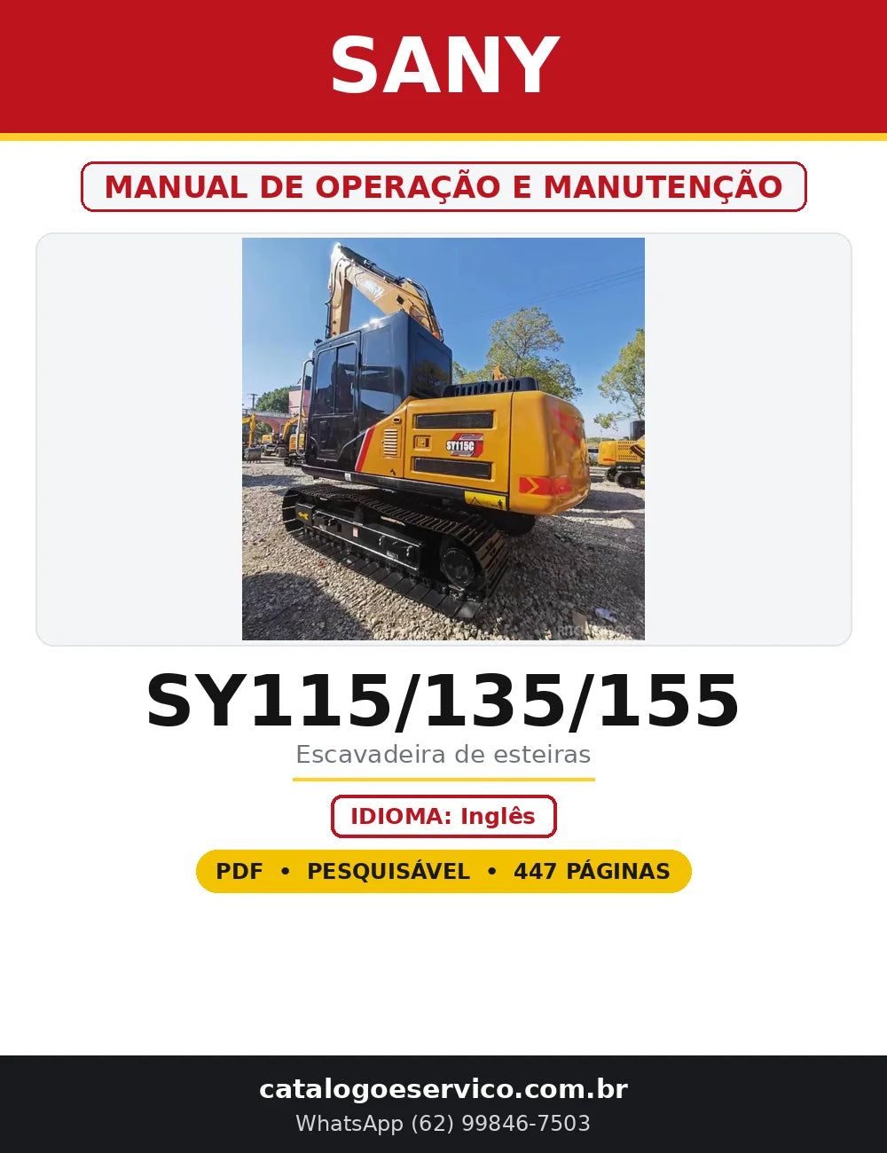Capa do Manual de Operação e Manutenção Sany SY115/135/155 em PDF com 447 páginas