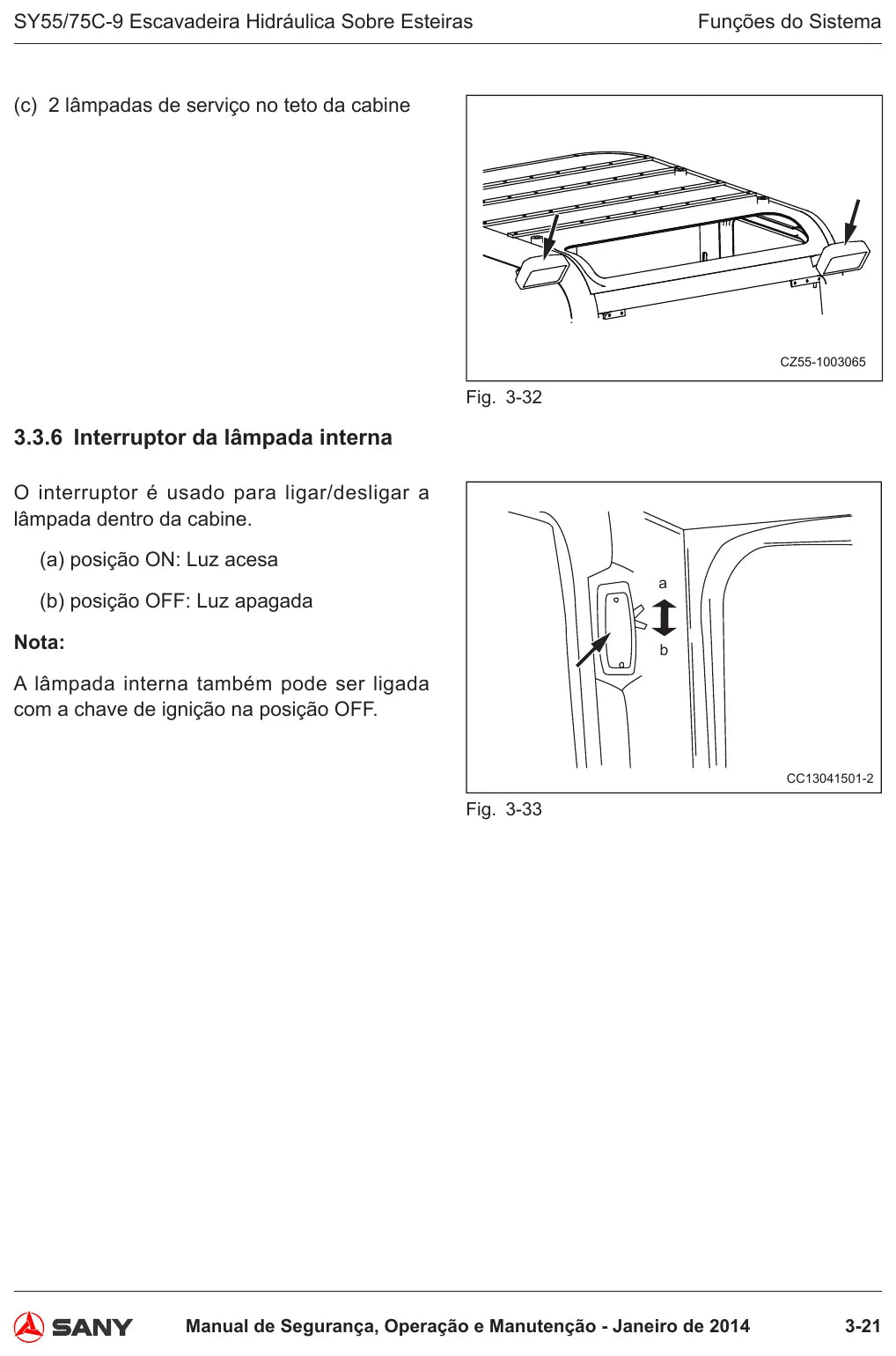 Página interna do Manual de Operação e Manutenção Sany SY55/75C-9 com ilustração de operação
