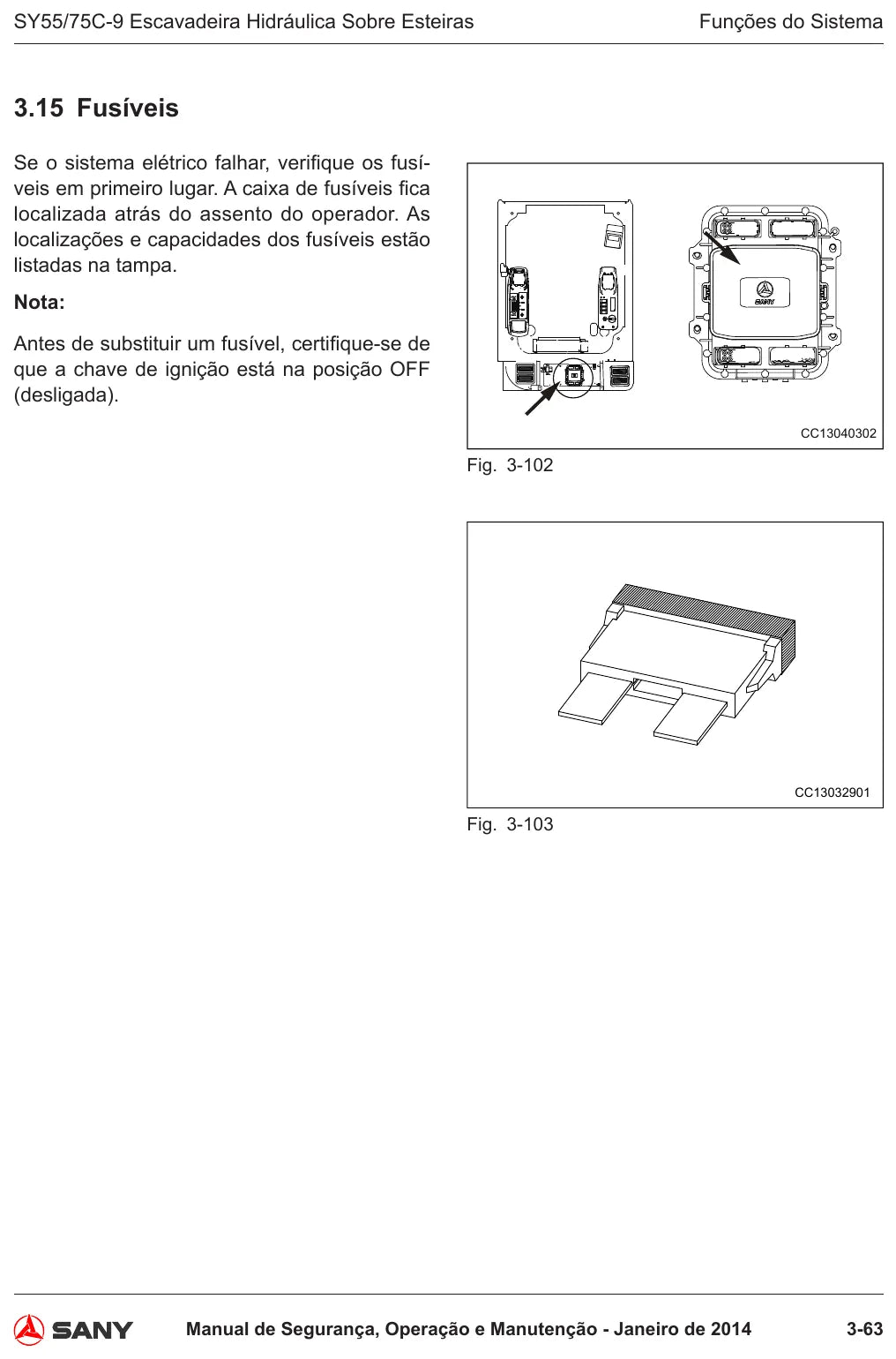 Ilustração do Manual de Operação e Manutenção Sany SY55/75C-9 — Escavadeira de esteiras