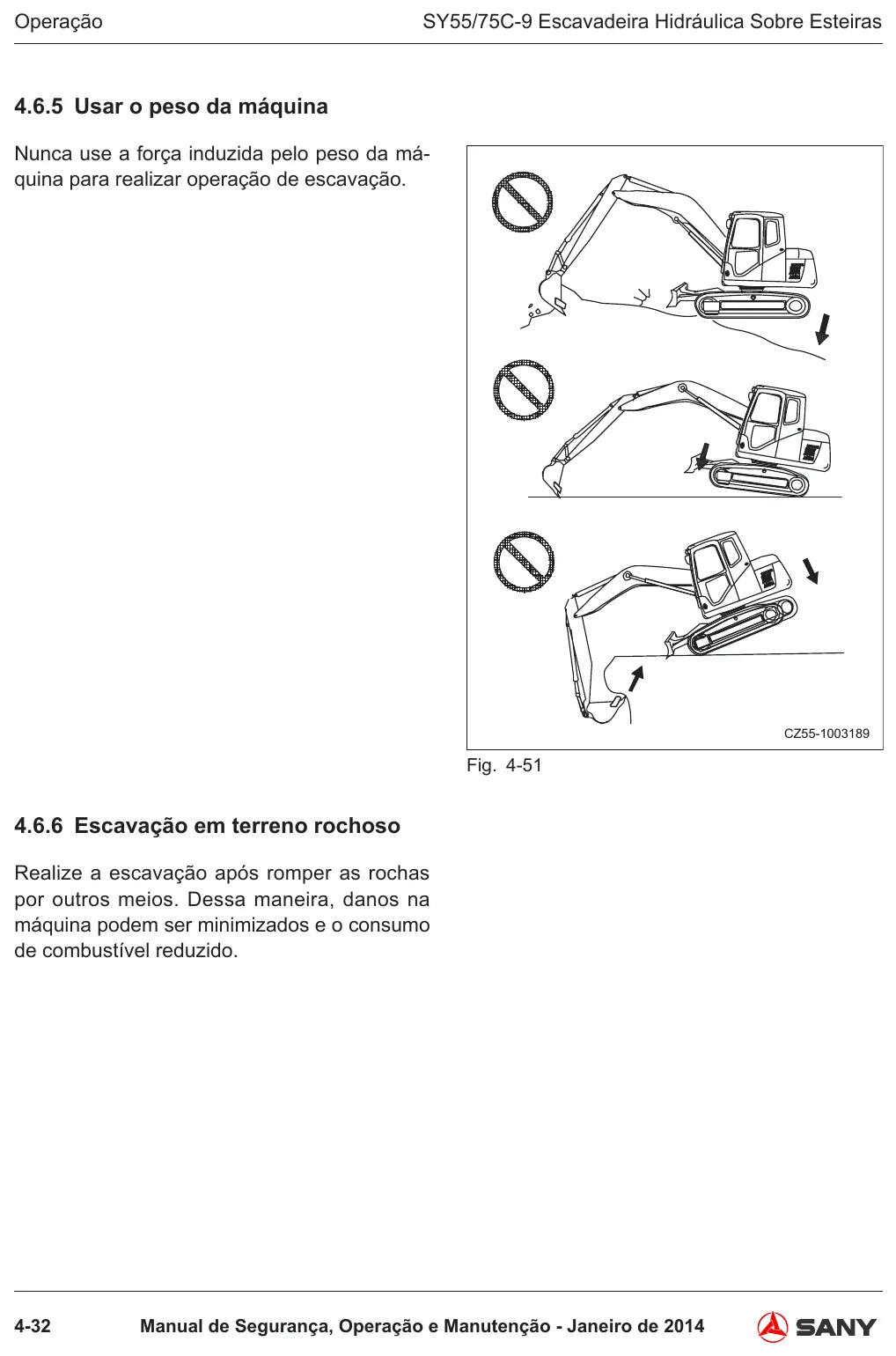 Página do Manual de Operação e Manutenção Sany SY55/75C-9 com orientações de manutenção