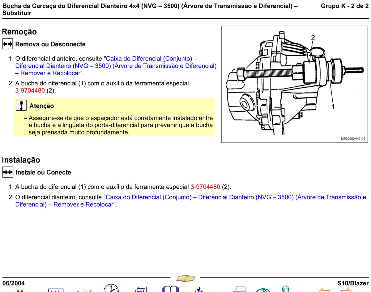 Manual de Reparação Chevrolet S10/Blazer 2004 – Grupo K: Câmbio FSO-2405, NVG-3500 e Dana 44 — página 2 do documento