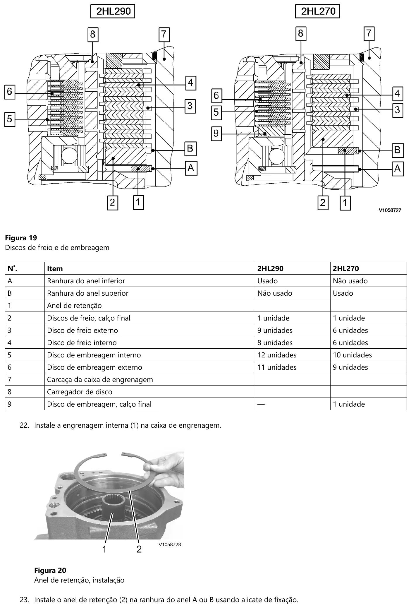 Corte comparativo das caixas de locomoção Volvo 2HL290 e 2HL270 com a tabela de quantidade de discos de freio e de embreagem de cada versão