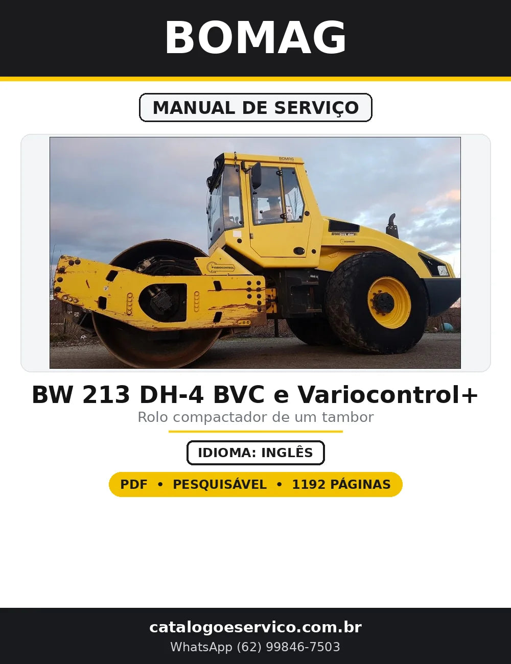 Capa do Manual de Serviço BOMAG BW 213 DH-4 BVC e Variocontrol+ em PDF com 1.192 páginas
