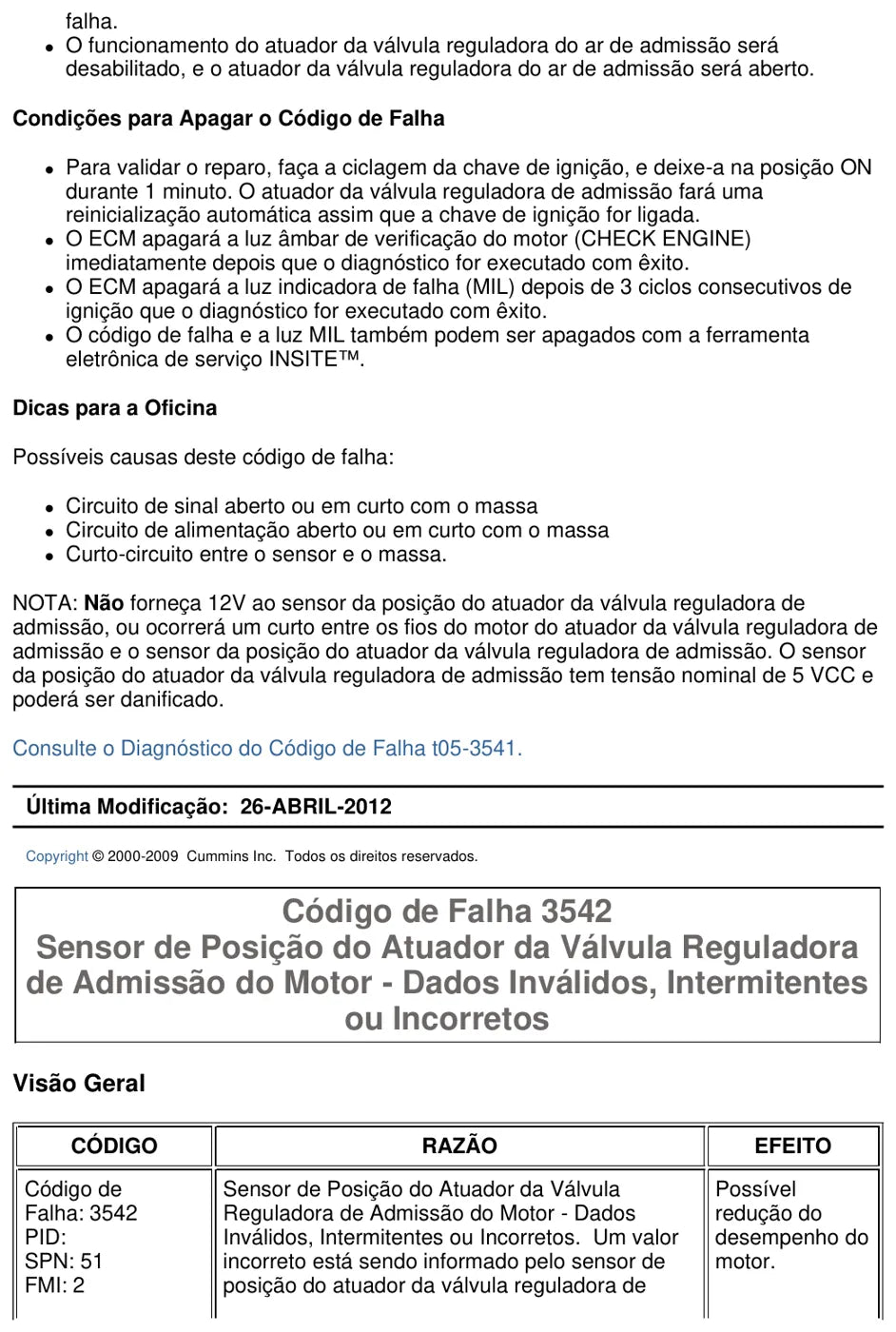 Manual de Serviço Cummins ISF2.8/3.8, ISB, ISD, ISL, ISZ13 e ISM11 — Códigos de Falha — página 2 do documento