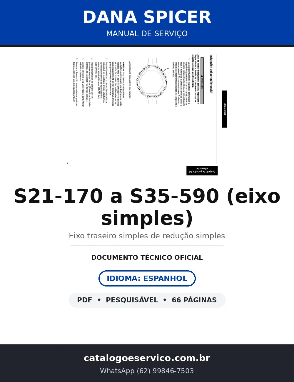 Manual de Serviço Dana Spicer Eixos Simples S21-170 a S35-590 — AXSM0056S em Espanhol — capa