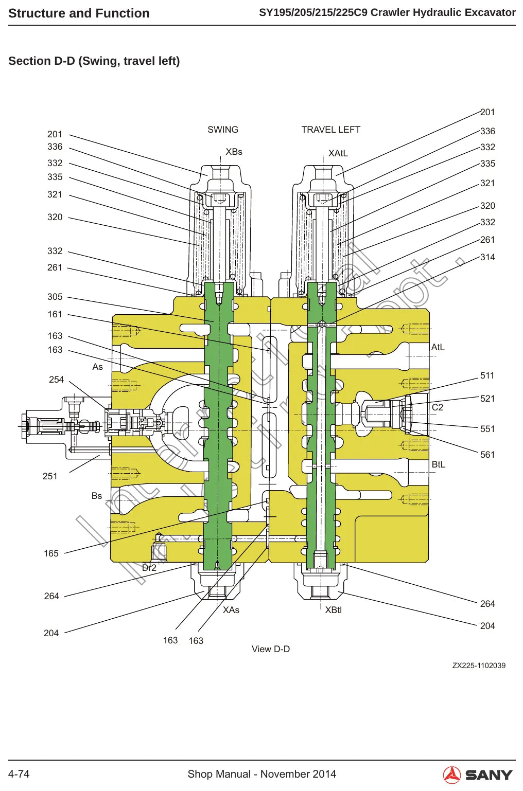 Página interna do Manual de Oficina Sany SY195~225C9 com ilustração de procedimento