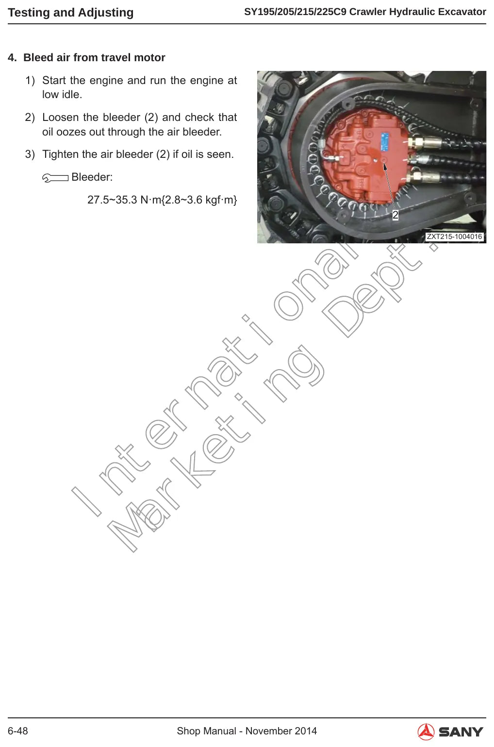 Página do Manual de Oficina Sany SY195~225C9 com detalhes de montagem e valores de ajuste