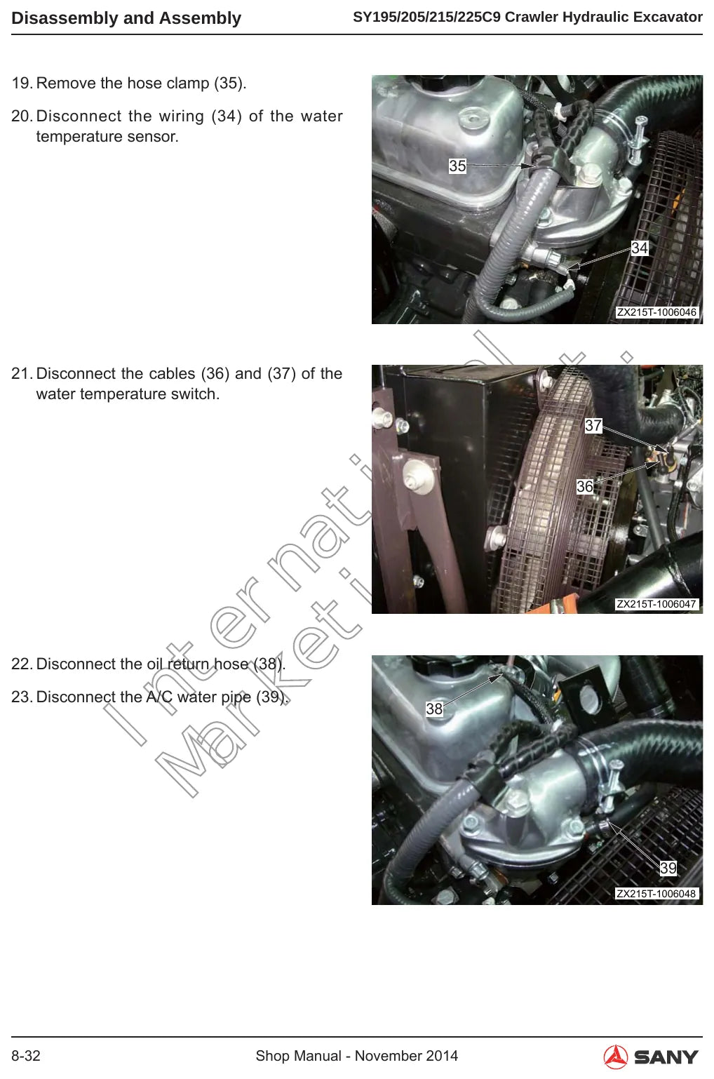Página interna do Manual de Oficina Sany SY195~225C9 — Escavadeira hidráulica sobre esteiras Sany