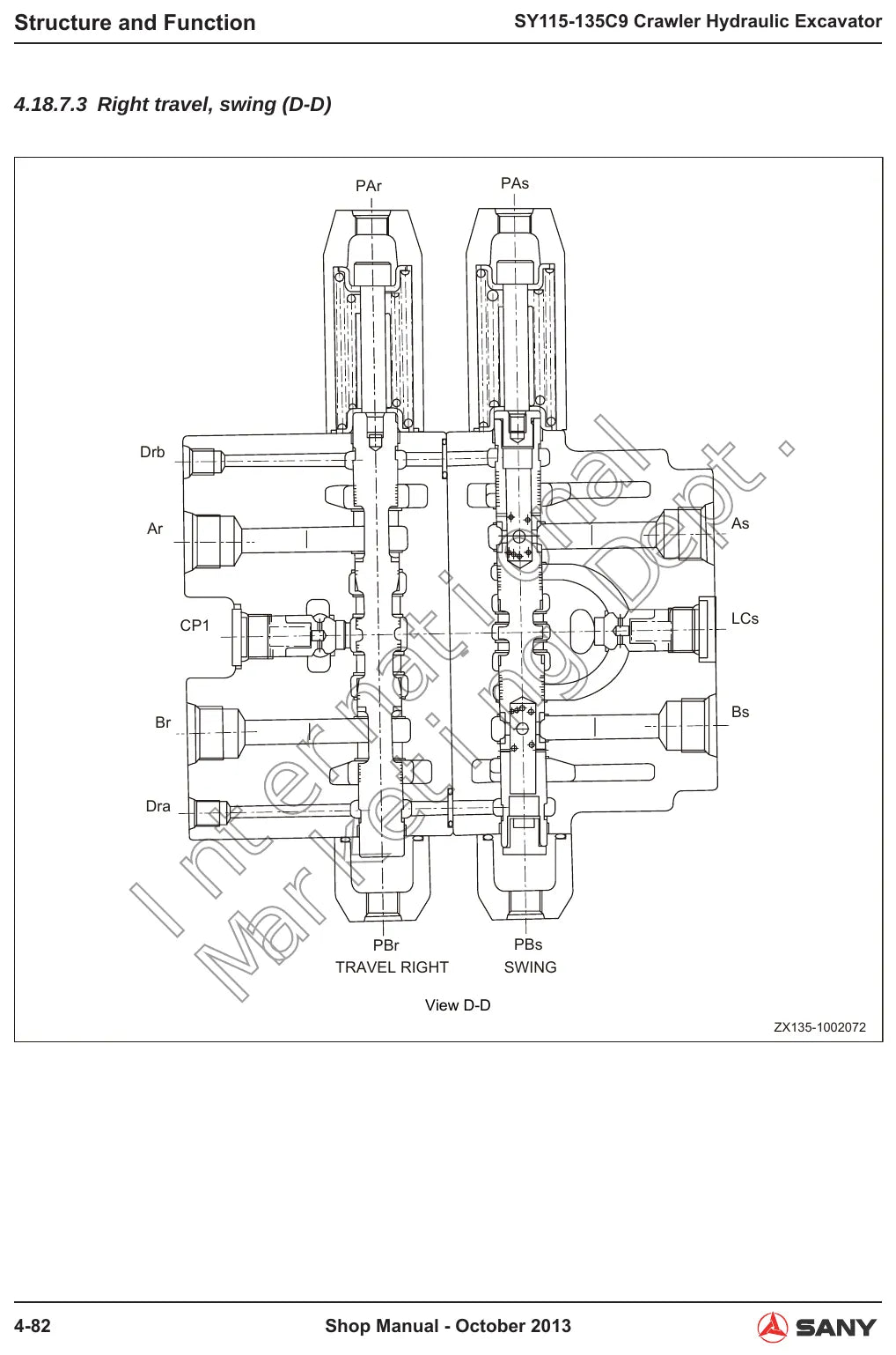Ilustração técnica do Manual de Oficina Sany SY115/135C9 — Escavadeira hidráulica sobre esteiras