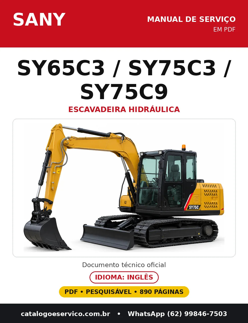 Capa do manual de serviço Sany SY65C3 / SY75C3 / SY75C9 em PDF