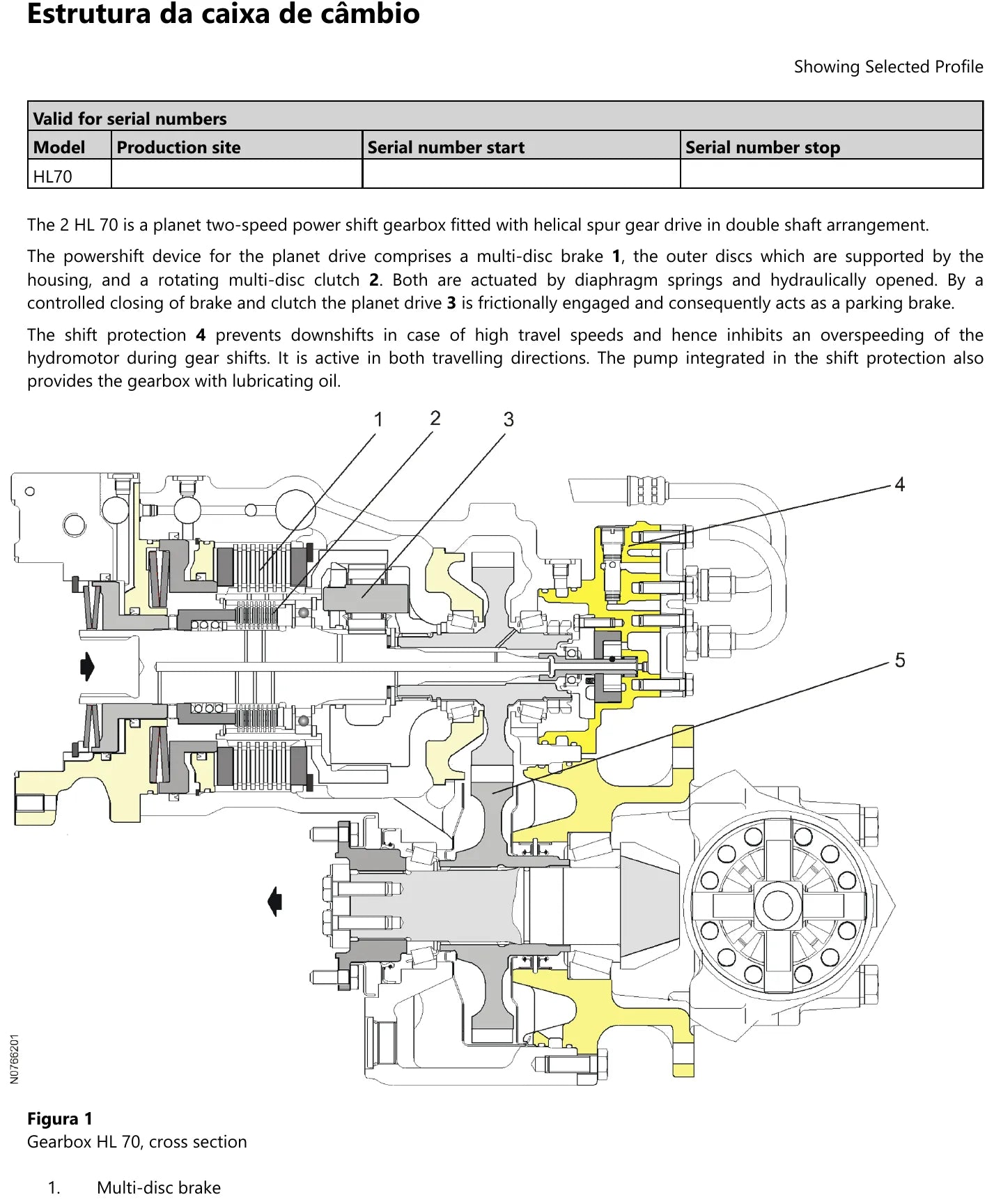 Corte em cores da caixa planetária de duas velocidades Volvo HL70 (2 HL 70), com freio multidisco, embreagem multidisco, acionamento planetário, encravamento de mudança e o diferencial