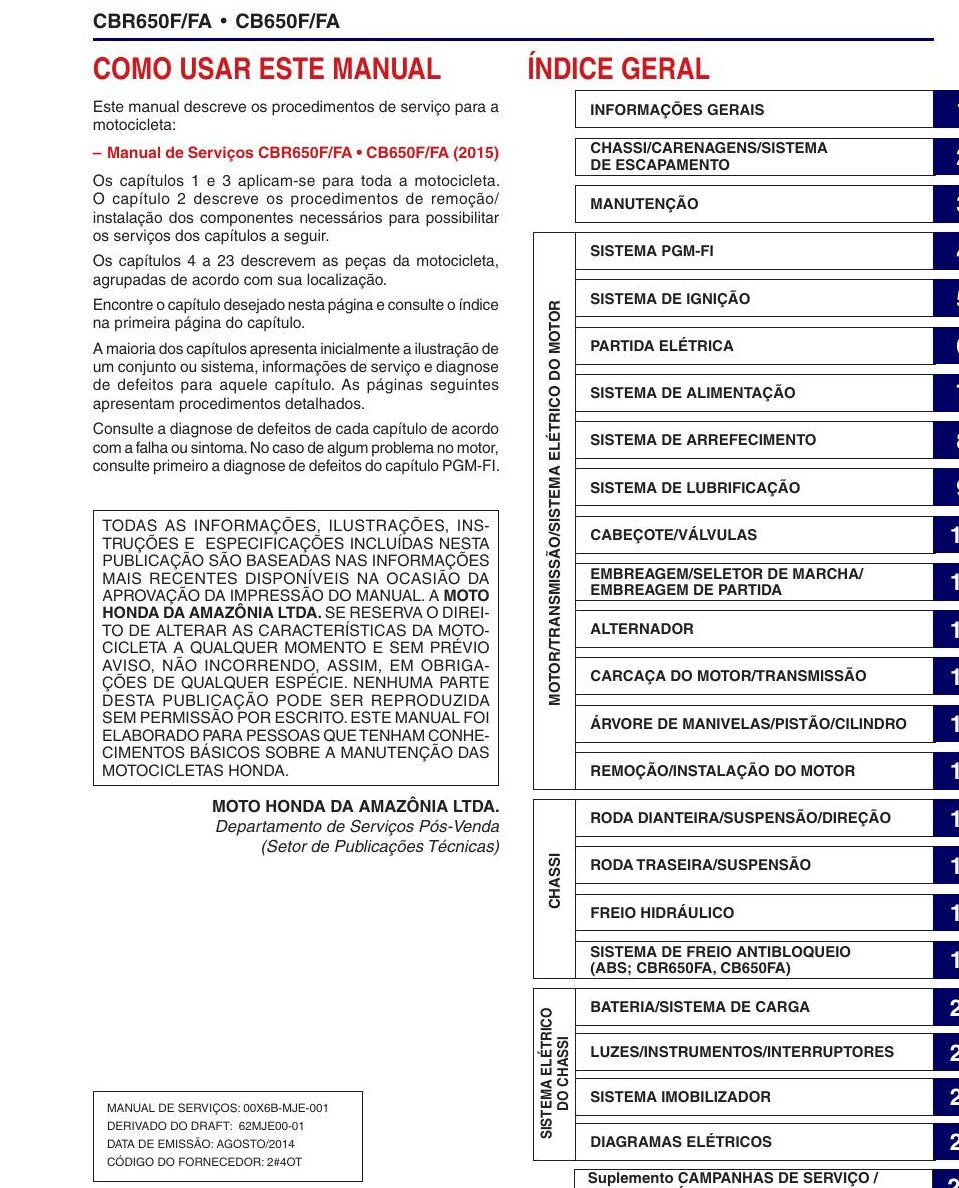Manual de Serviço Honda CBR650F/FA - CB650F/FA (2015) — Manual de serviço oficial Honda CBR650F/CB650F 2015 - print 1
