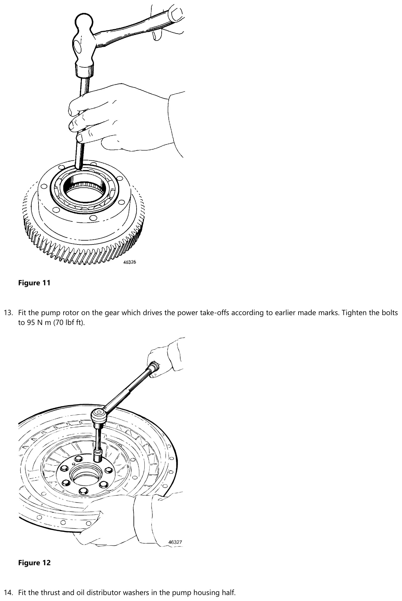 Montagem do rotor da bomba do conversor de torque da Volvo HT200 com aperto de 95 Nm nos parafusos, sobre a engrenagem que aciona as tomadas de força