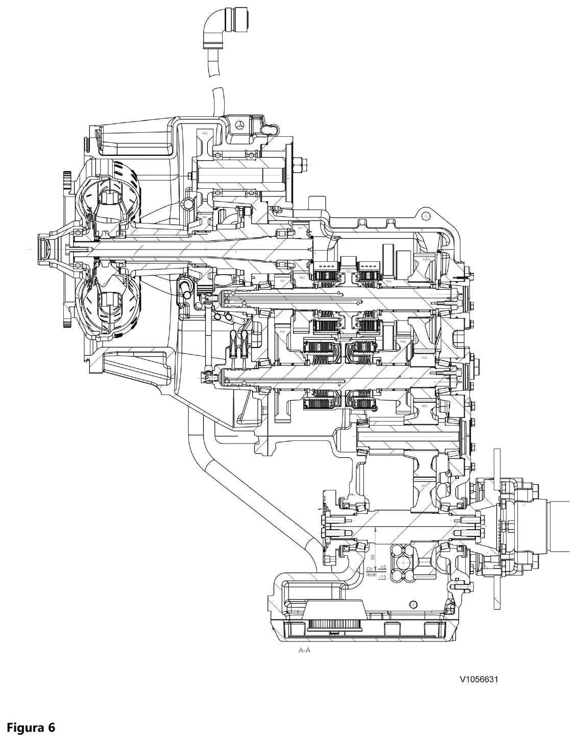 Desenho em corte da transmissão Volvo HTE110 inteira, mostrando conversor de torque, eixos de embreagem empilhados, cárter e a marcação do nível de óleo no corte A-A