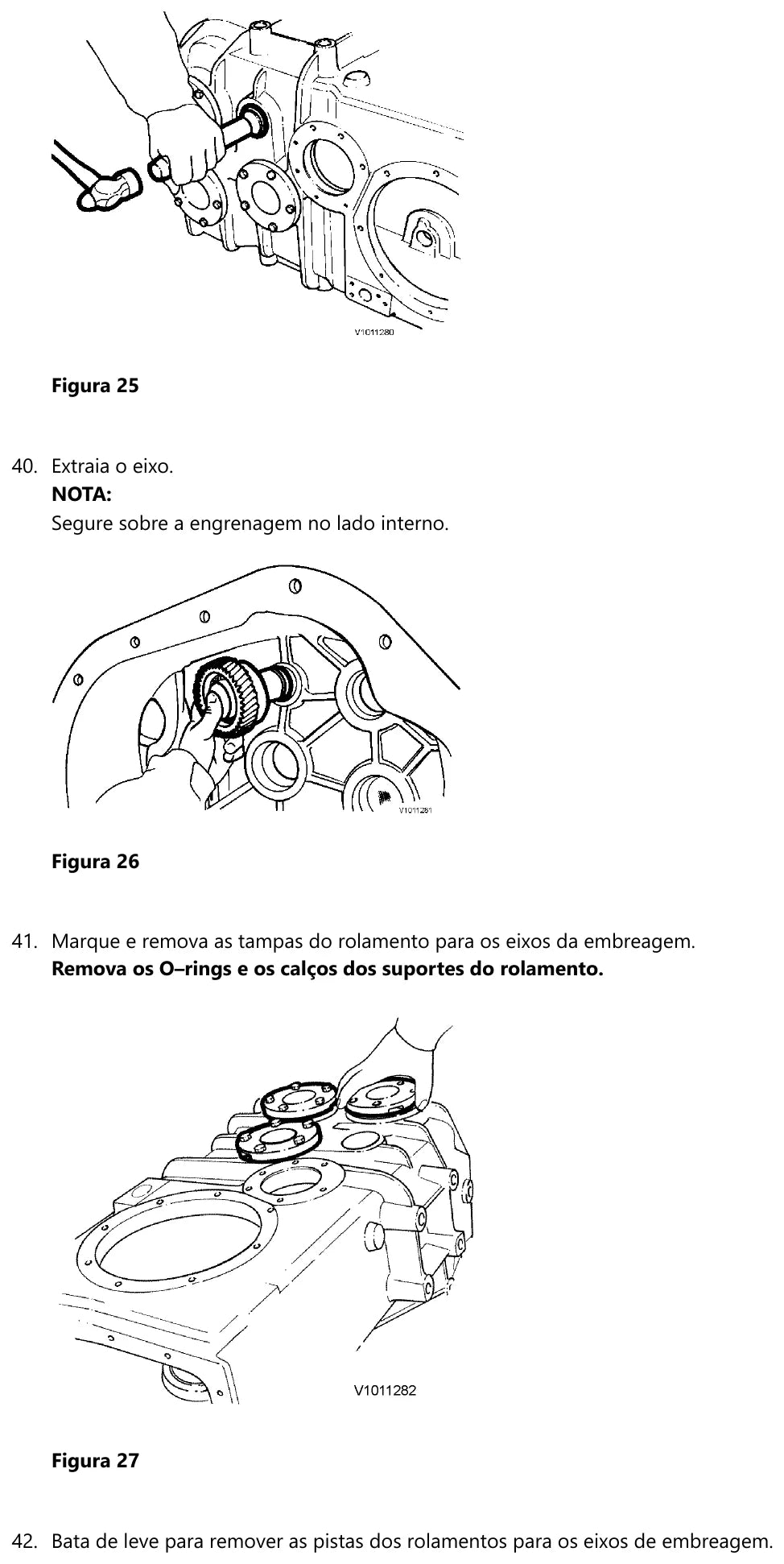 Extração do eixo e remoção das tampas de rolamento dos eixos de embreagem da Volvo HTE110B, mostrando onde ficam os O-rings e os calços