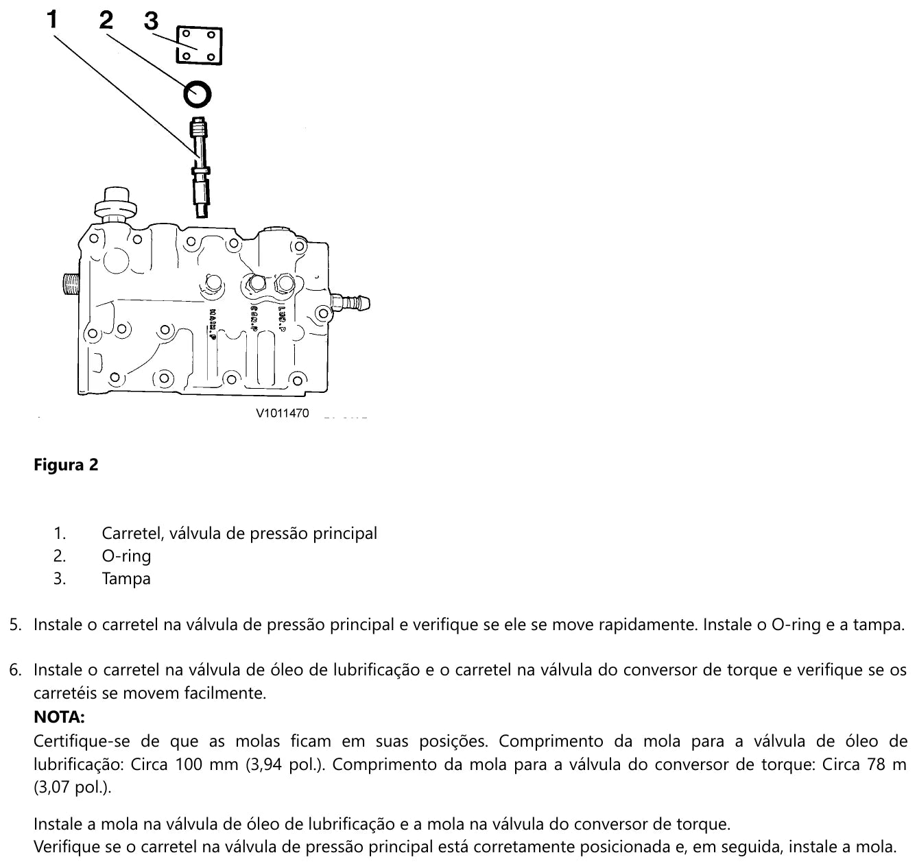 Válvula de controle da pressão da Volvo HTE120 com o carretel da válvula de pressão principal, o O-ring e a tampa desenhados soltos acima do corpo da válvula