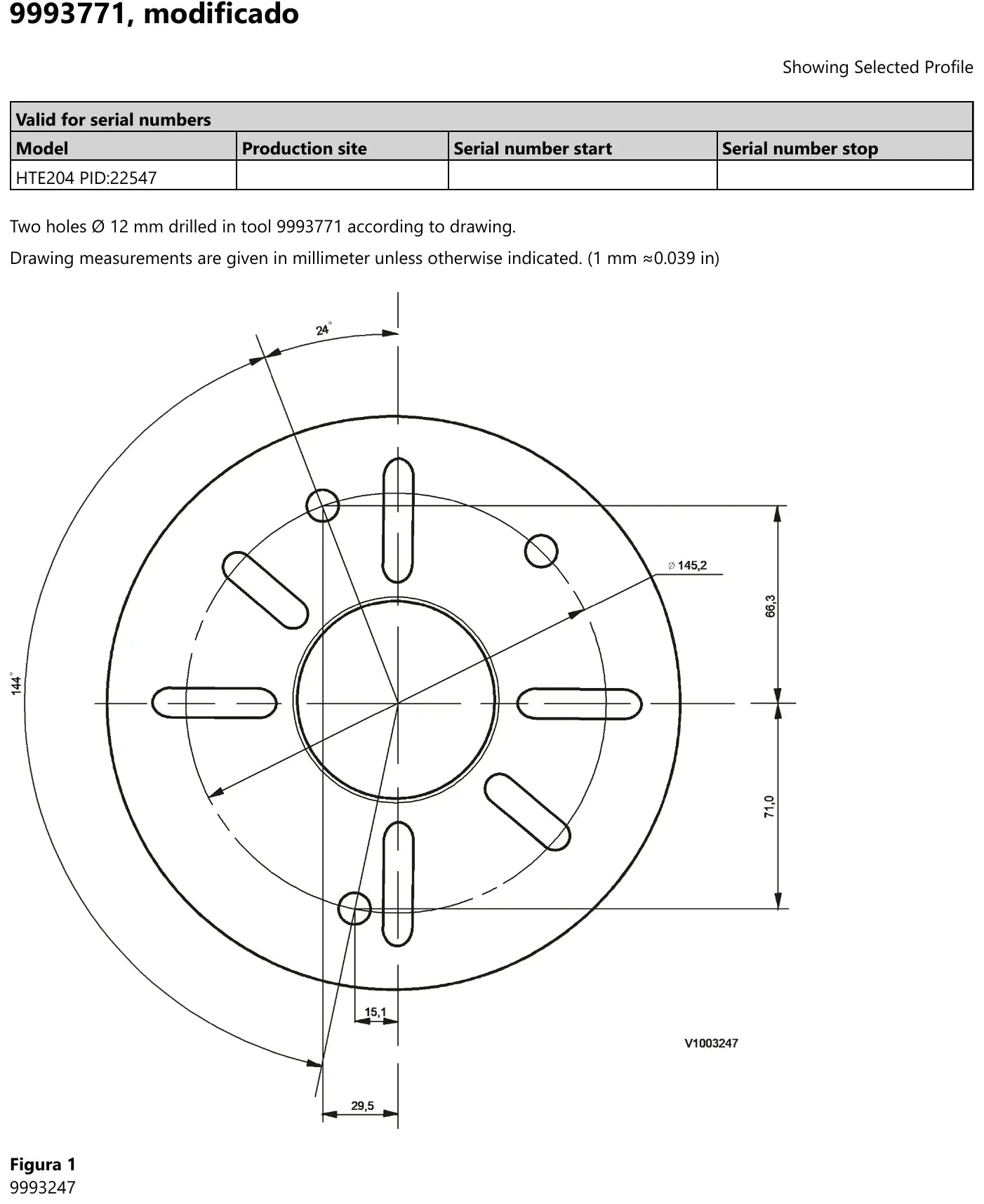 Desenho cotado da ferramenta de prensar 9993771 modificada para a Volvo HTE204 PID 22547, com dois furos de 12 mm de diâmetro, círculo de 145,2 mm e cotas de 66,3, 71,0, 15,1 e 29,5 mm