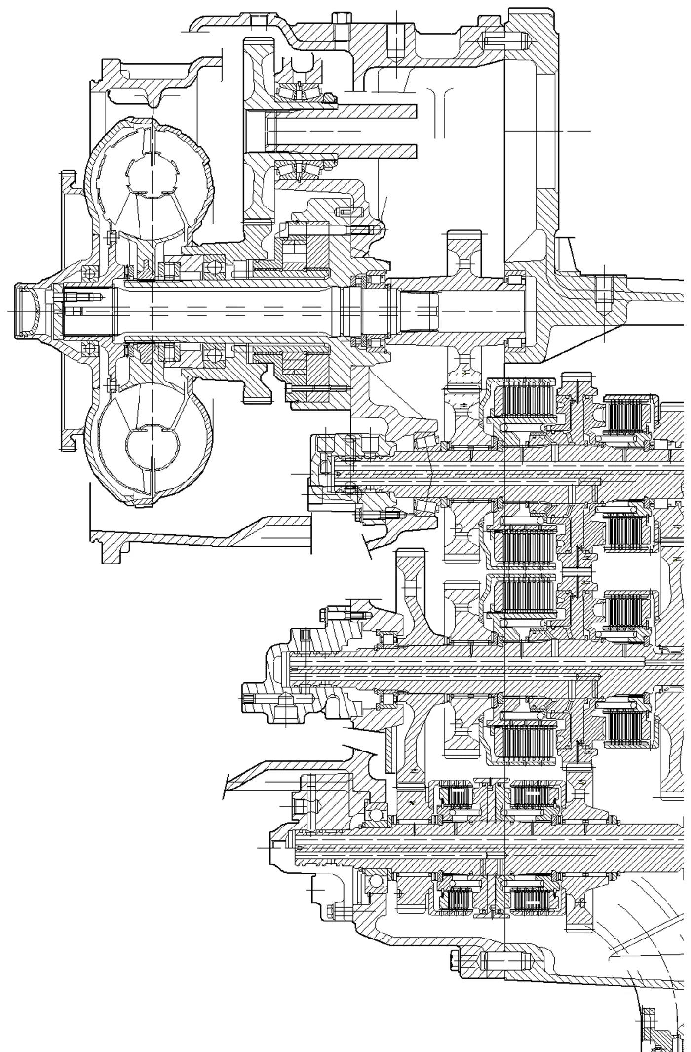 Corte técnico completo da transmissão Volvo HTE204, do conversor de torque de estágio simples até o eixo de saída, com os quatro eixos e todos os pacotes de discos visíveis