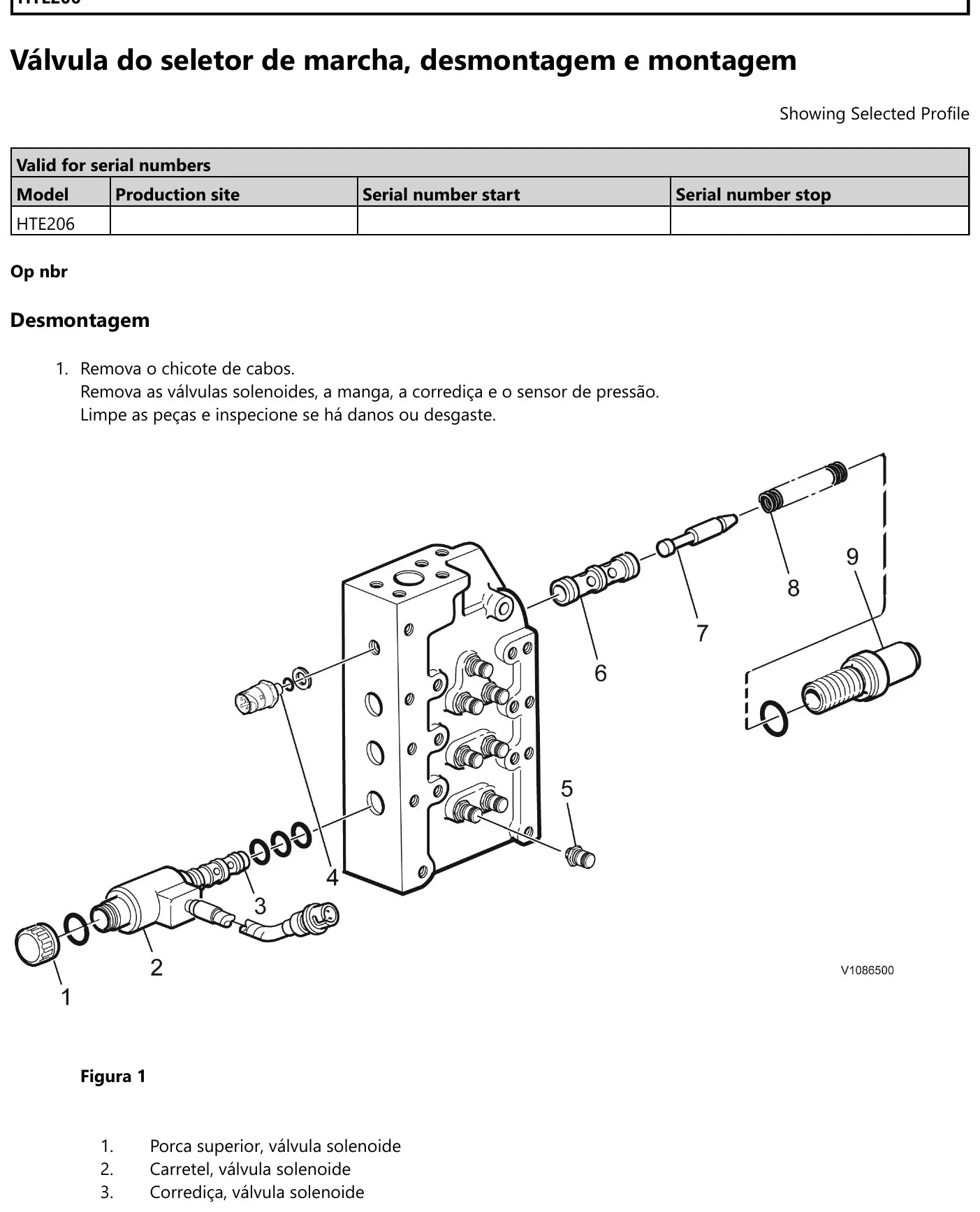 Vista explodida da válvula do seletor de marcha da Volvo HTE206 com invólucro, porca superior, carretel e corrediça da válvula solenoide identificados