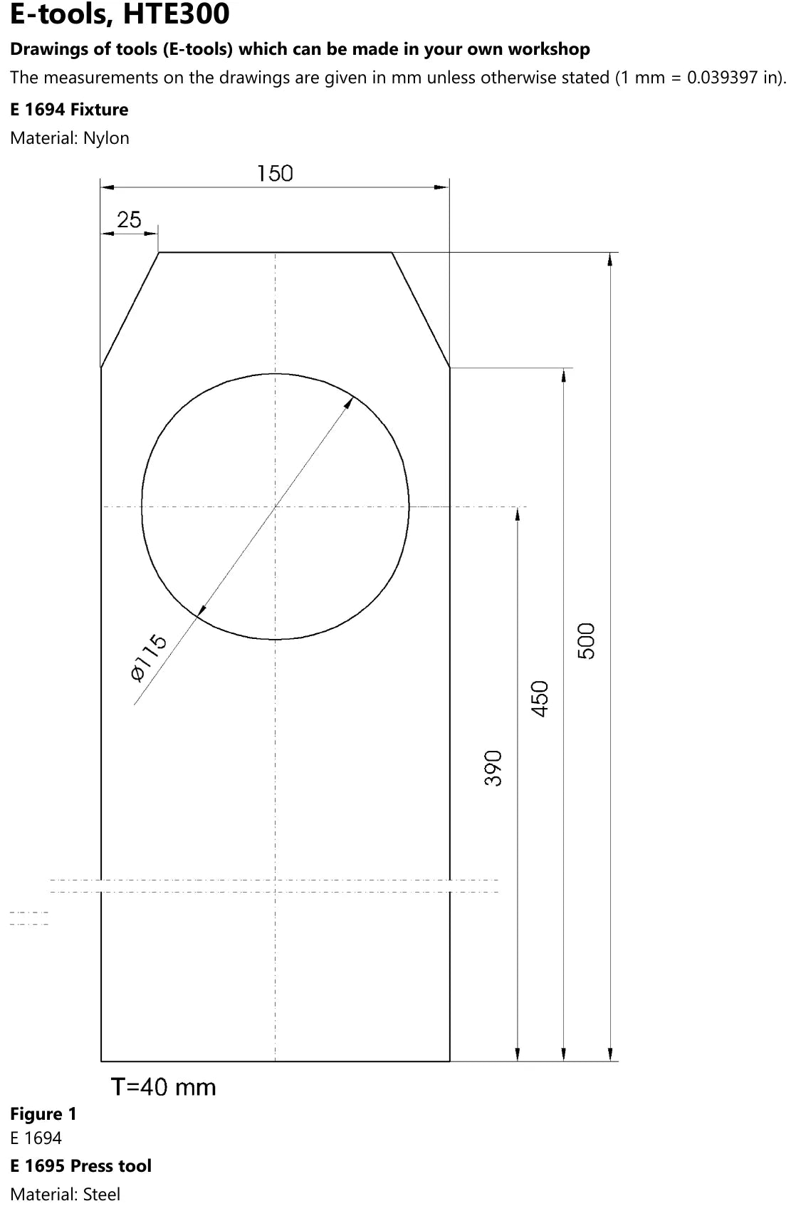 Desenhos cotados das ferramentas de oficina E 1694 em nylon, E 1695 em aço e E 1696 de apoio, que o manual da Volvo HTE300 permite fabricar na própria oficina