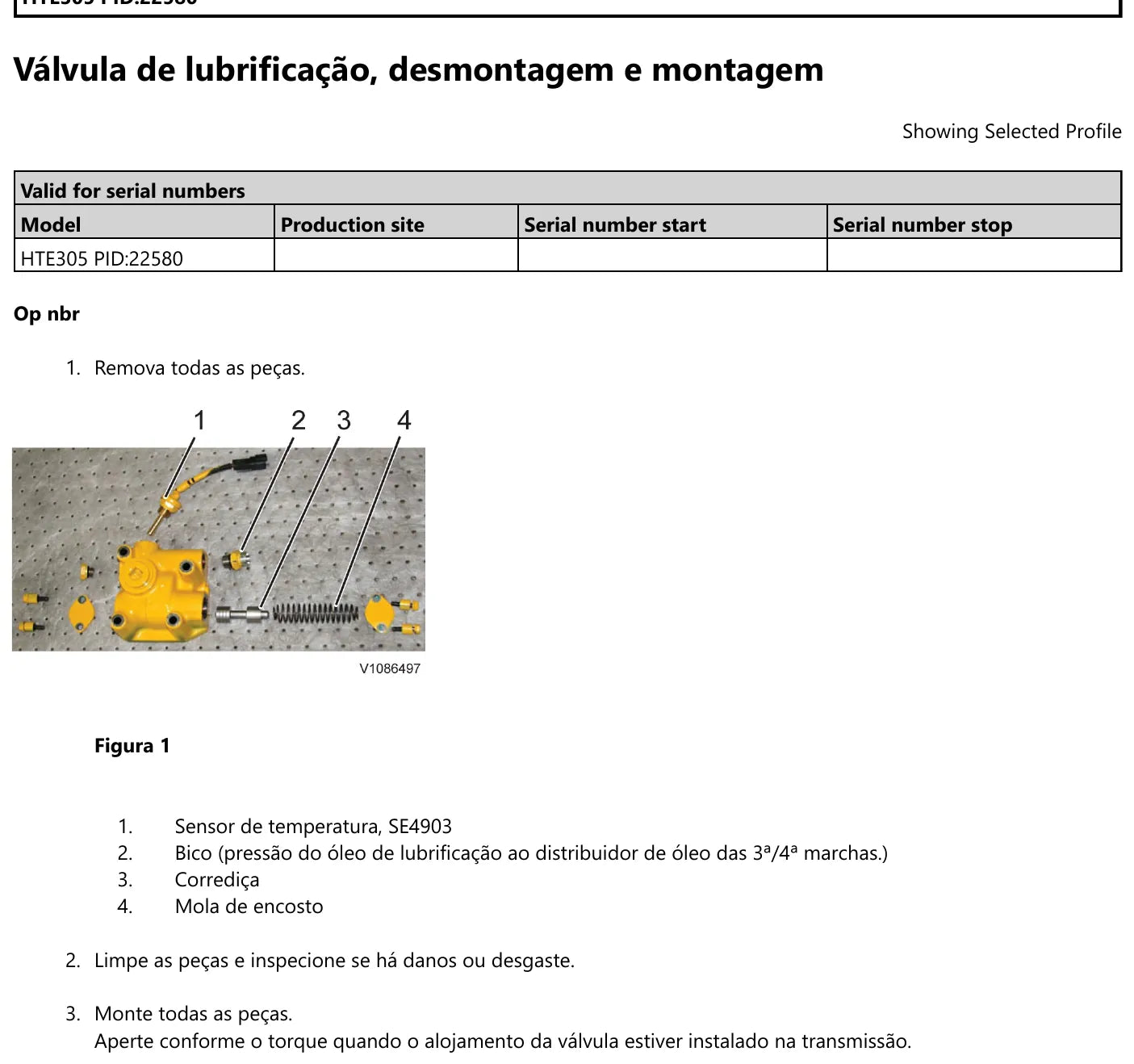 Válvula de lubrificação da Volvo HTE305 PID 22580 desmontada em quatro peças: sensor de temperatura SE4903, bico de pressão para o distribuidor de 3ª e 4ª marcha, corrediça e mola de encosto
