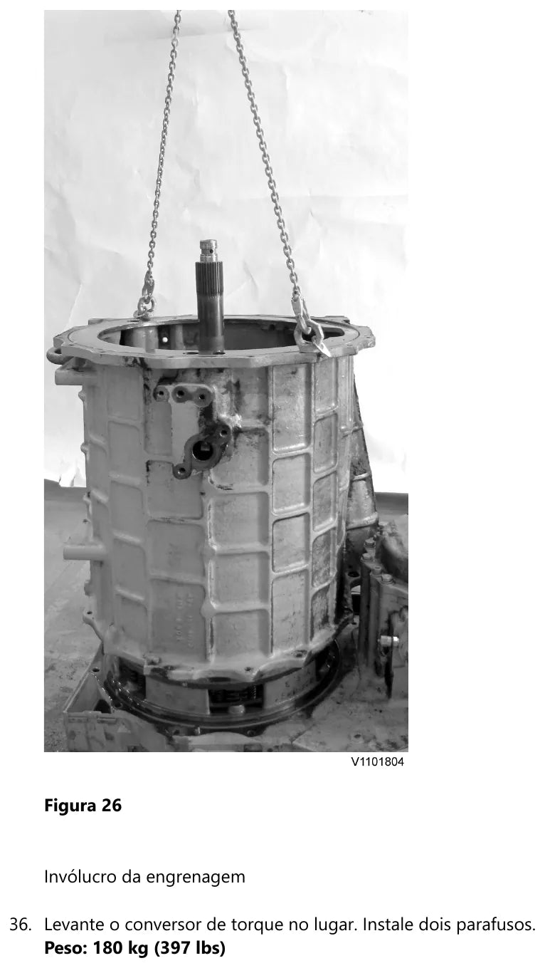 Içamento do conversor de torque de 180 kg para dentro do invólucro da engrenagem da transmissão Volvo HTE400, preso por dois parafusos de guia