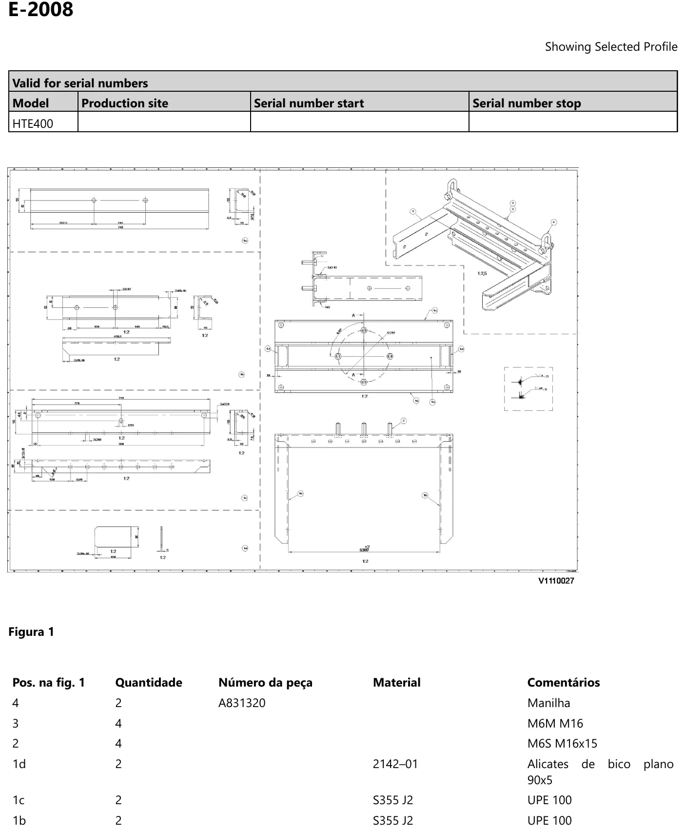 Desenho do dispositivo de fixação de bancada da Volvo HTE400 com a tabela de posições, quantidades, números de peça e materiais, incluindo perfis UPE 100 em aço S355 J2