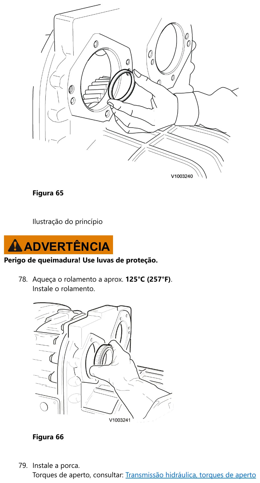 Instalação do anel de vedação e do rolamento aquecido a 125 °C no alojamento da transmissão Volvo HTL221, antes do aperto da porca de fixação